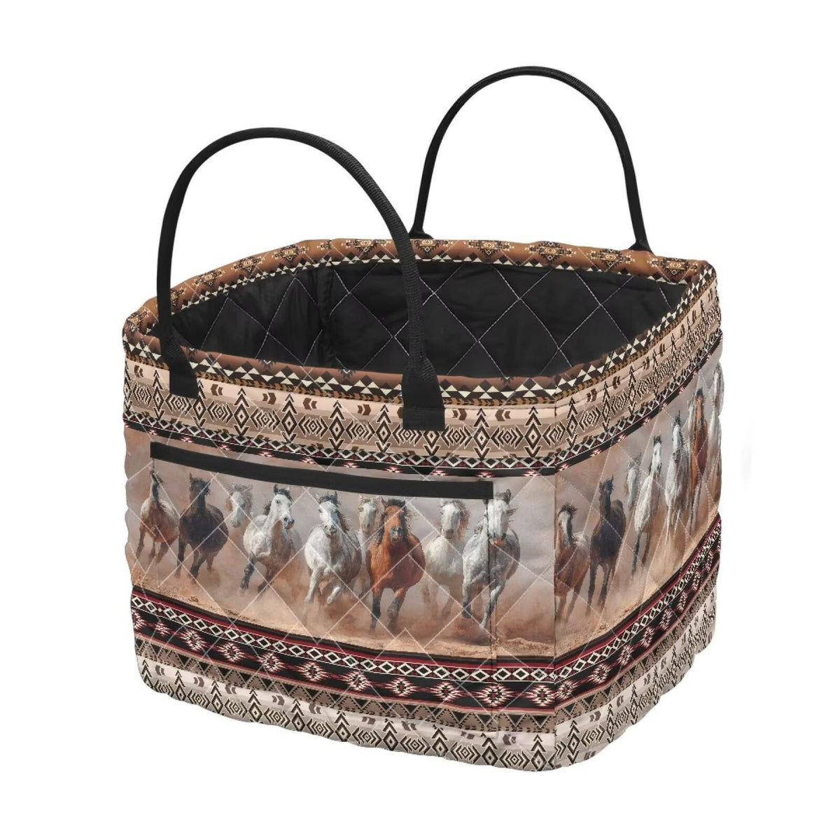 Qznuberone Quilted Storage Basket with Handles Pocket, Trendy Aztec Horse Foldable Fabric Baskets Bins Collapsible Laundry Hampe