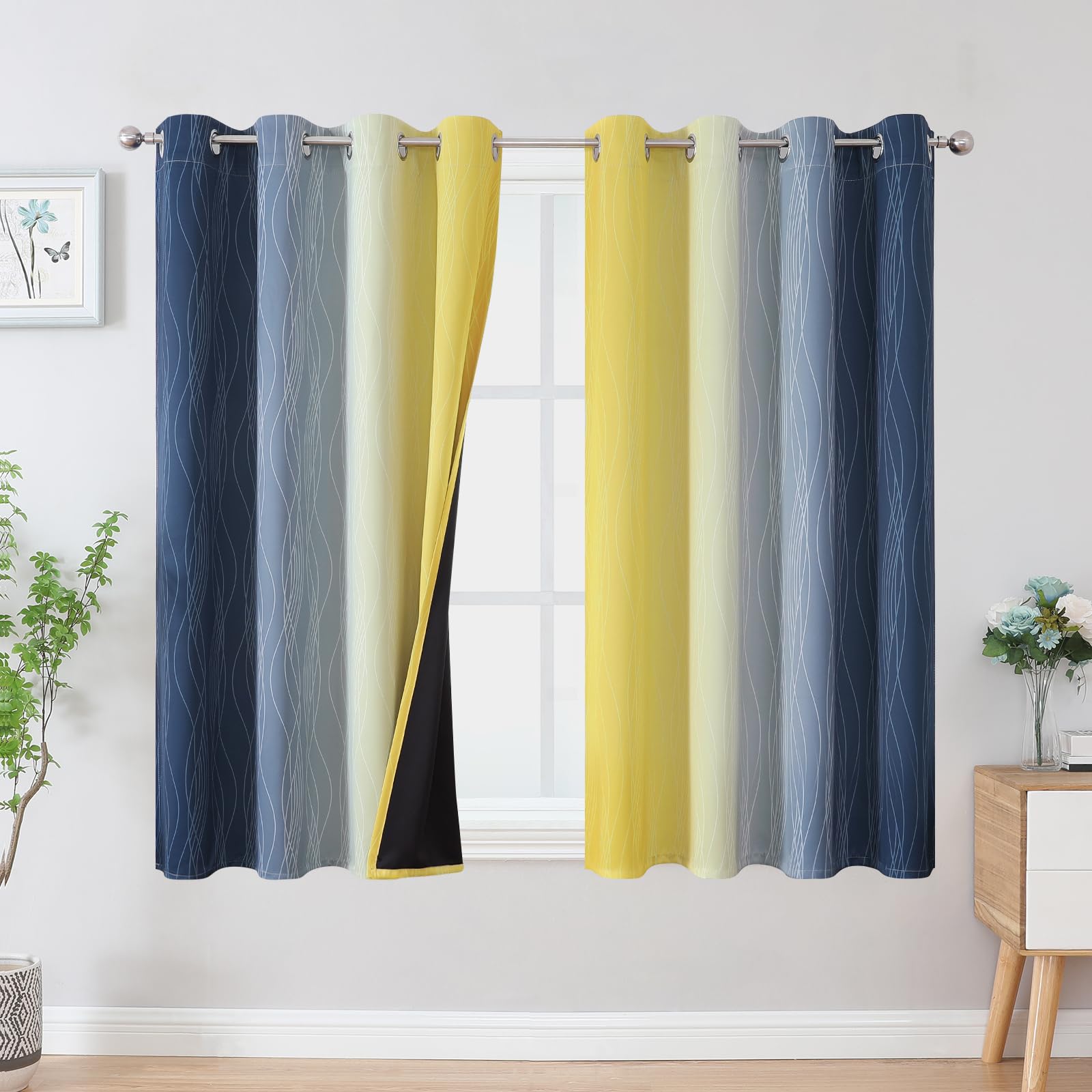 Estelar Textiler Navy Blue And Yellow Blackout Curtains 54 Inch Length, Full Light Blocking Gradient Grommet Drapes For Living R