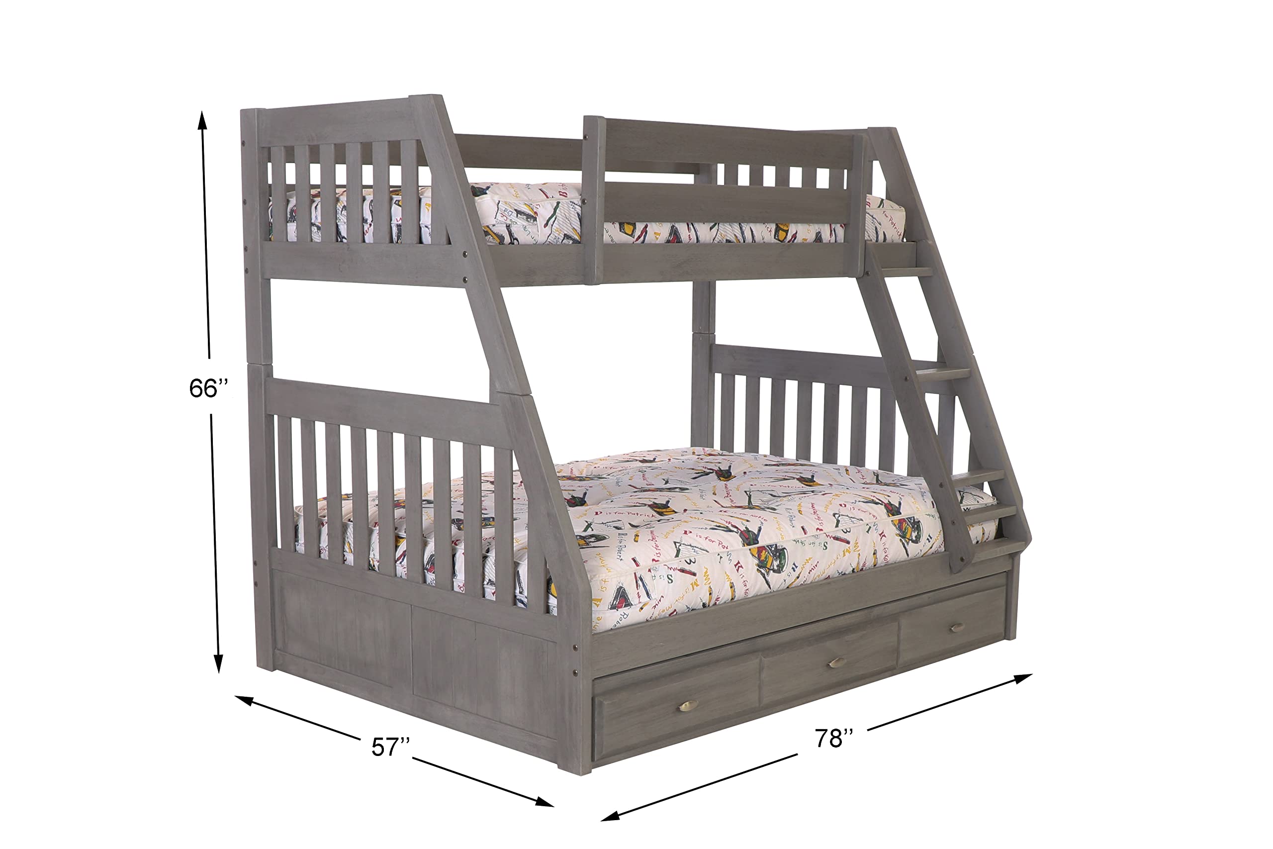 OS Home and Office Furniture Model 3219K3-22 Solid Pine Twin/Full Bunk Bed with Three Drawers in Charcoal Gray
