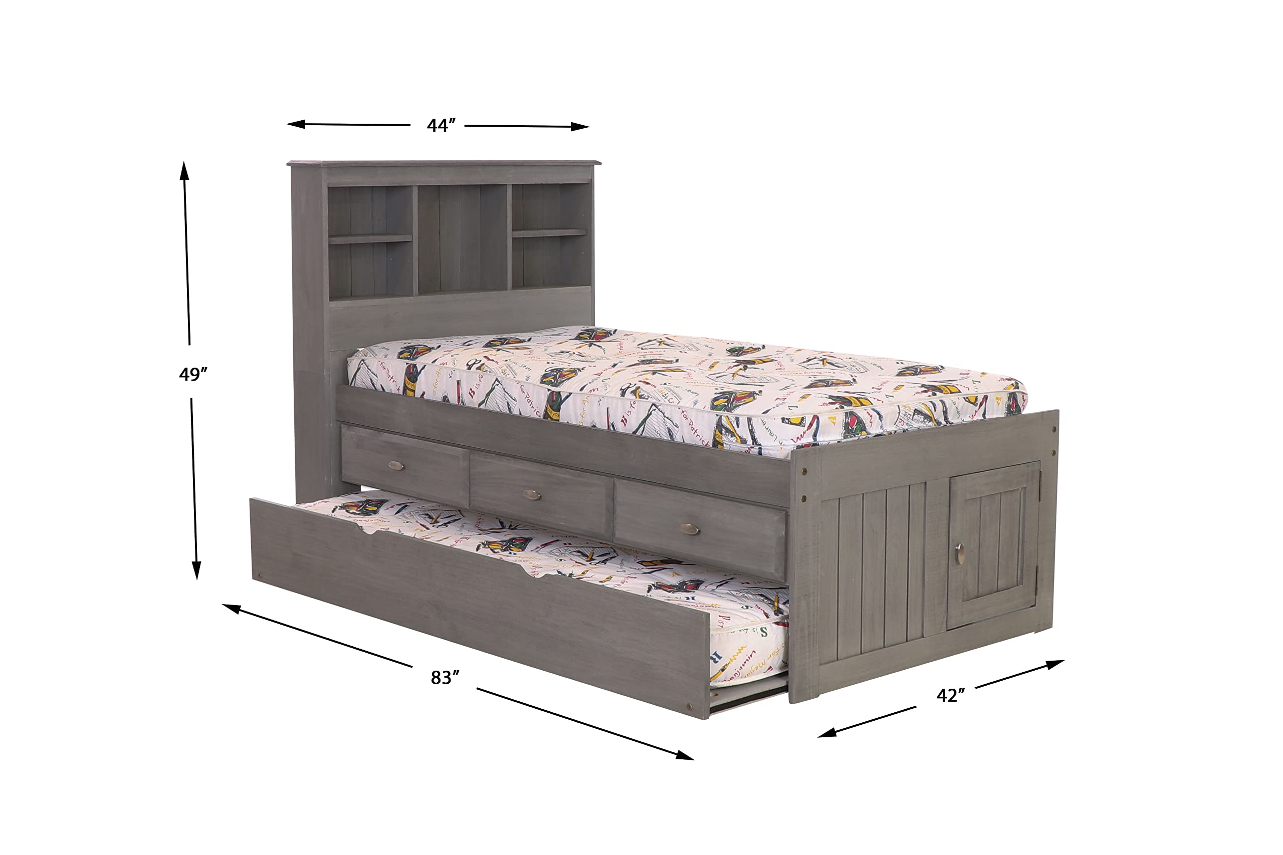 OS Home and Office Furniture Solid Pine Twin Captains Bookcase Bed with 3 Drawers and a Twin Sized Trundle in Charcoal Gray