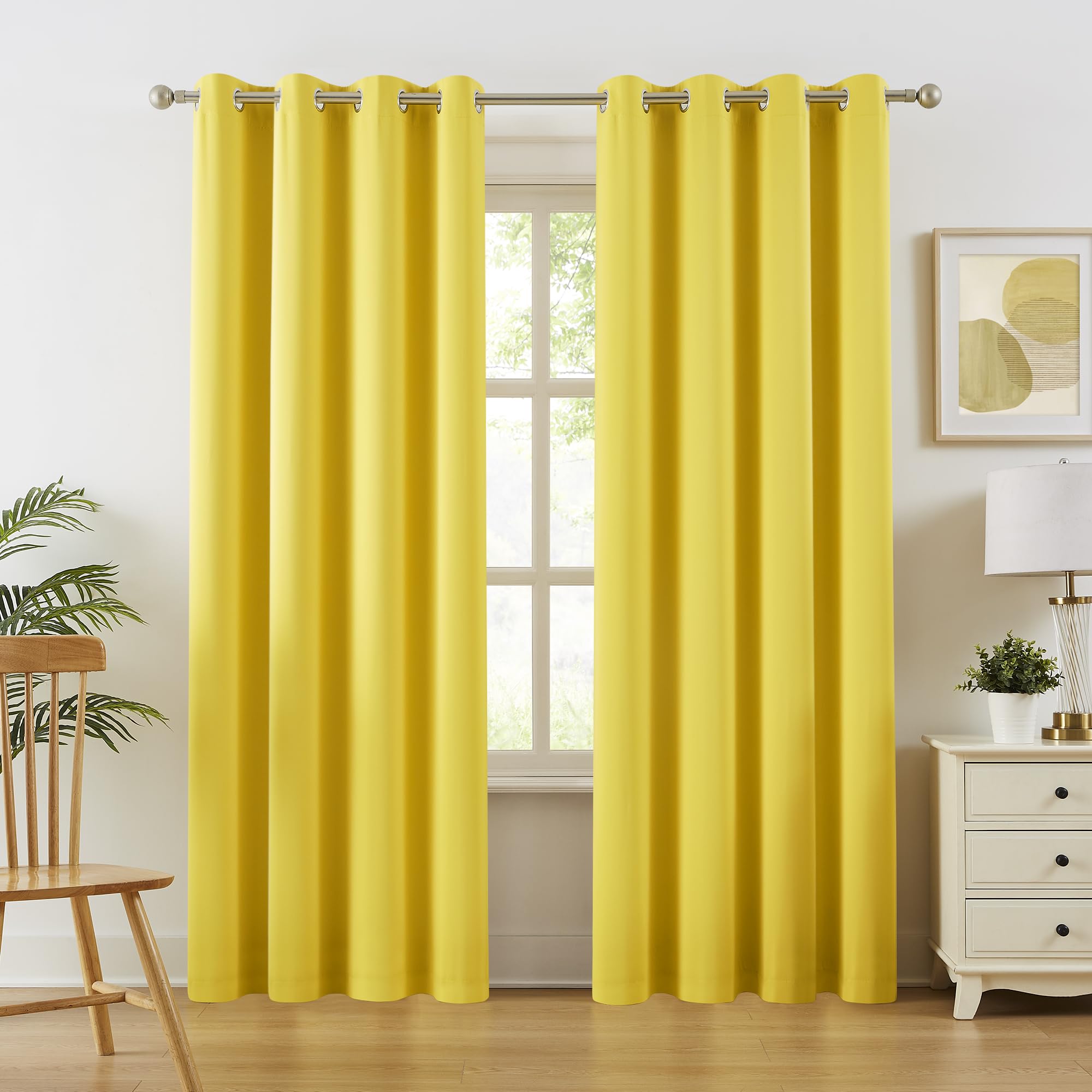 Dualife 90 Inch Curtains Yellow, Room Darkening Curtains, Thermal Insulated Noise Blocking Panels, 52 X 90 Inch, Bright Illumina