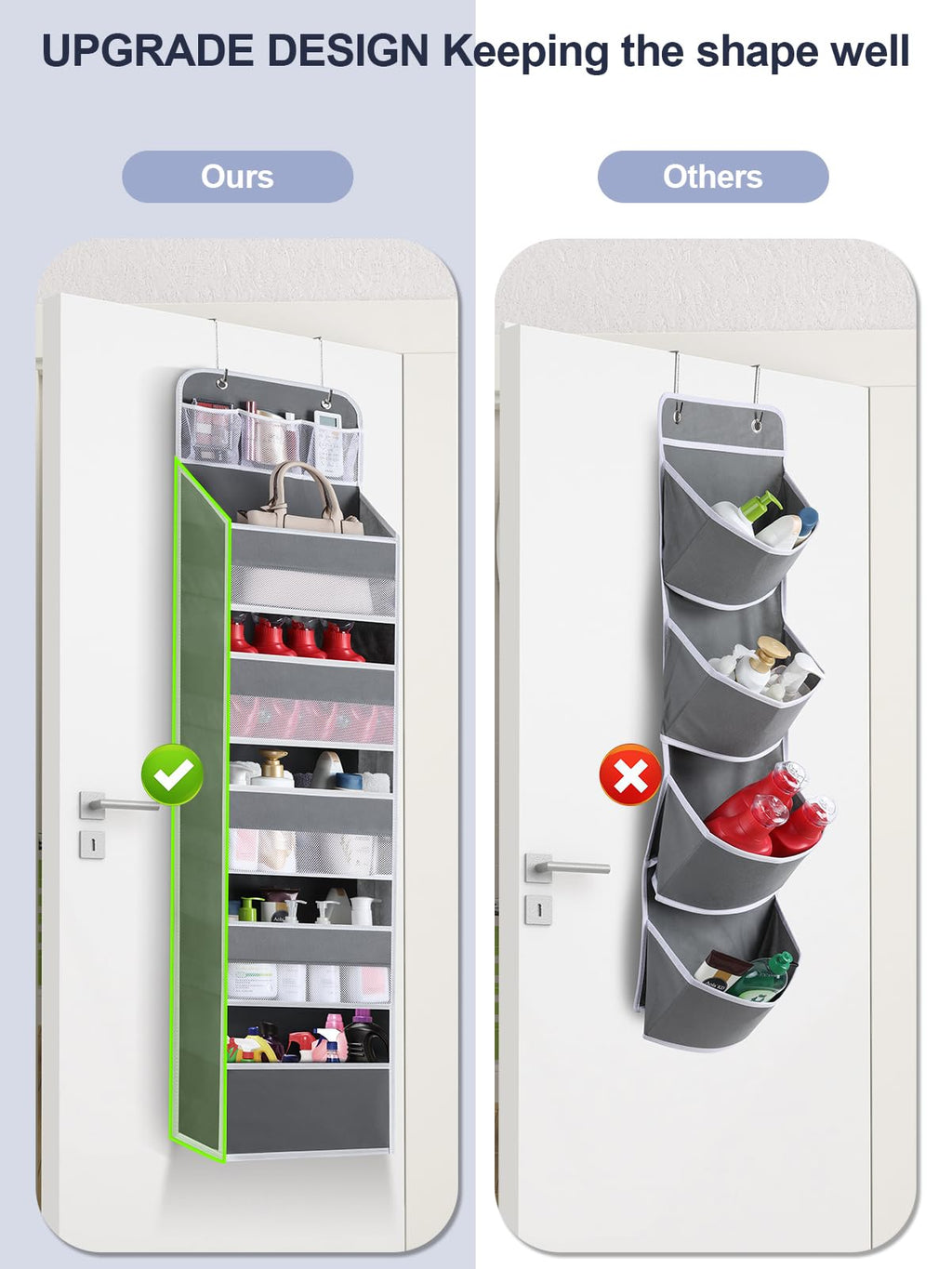 Over The Door Organizer Storage - 6 Shelf Hanging Storage Door Organizer With 8 Large Capacity Pockets, Anti Tilt Behind Door Or