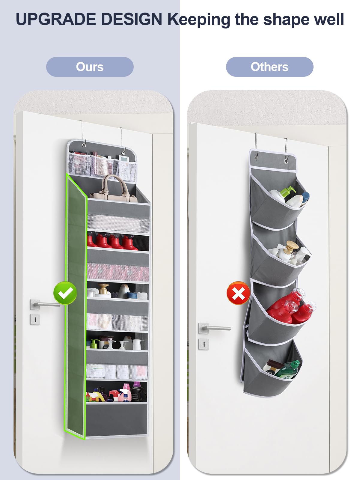 Over The Door Organizer Storage - 6 Shelf Hanging Storage Door Organizer With 8 Large Capacity Pockets, Anti Tilt Behind Door Or