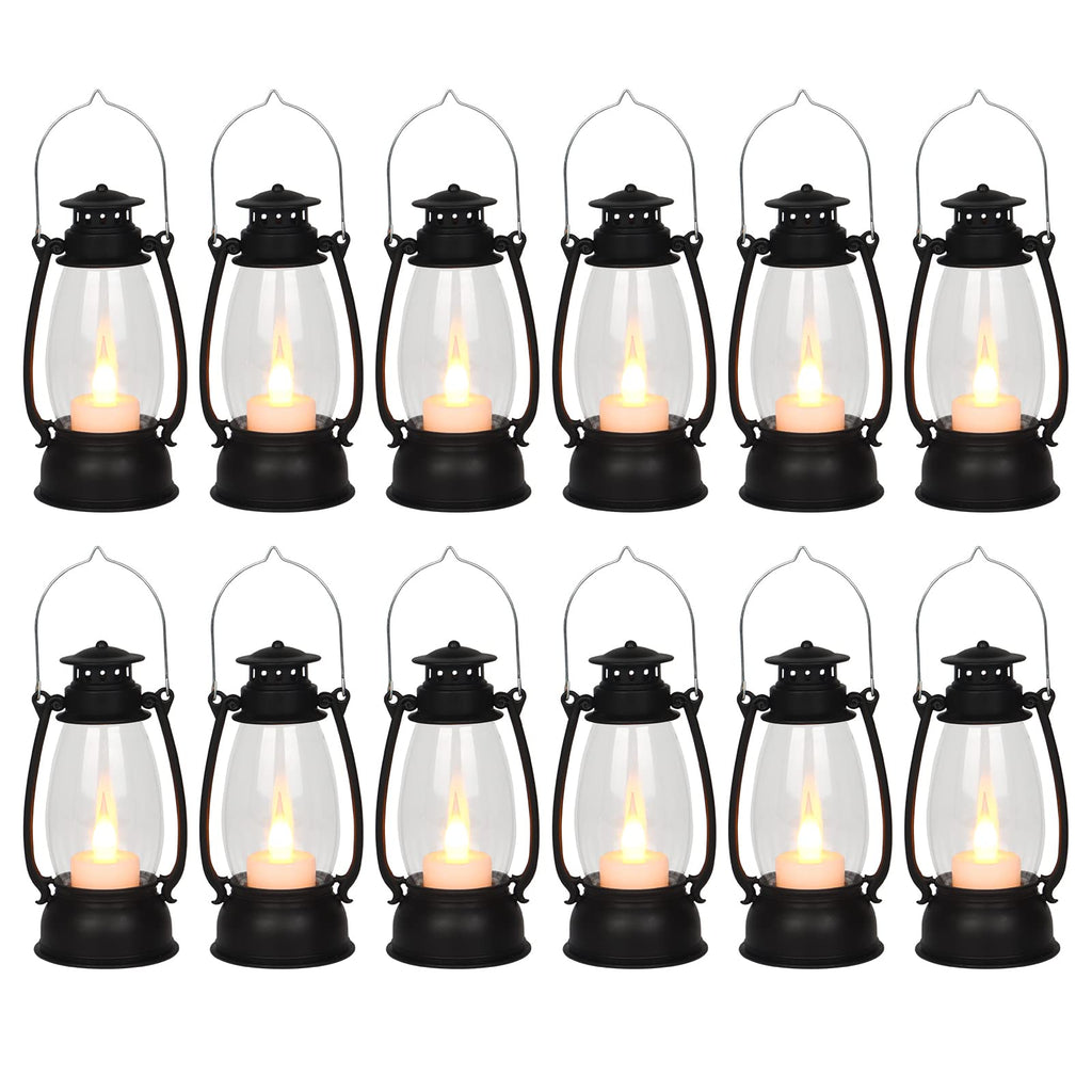 Reperla 12Pcs Mini Lantern with Flickering LED Candle, Black 6' Hanging Candle Lantern, Table Centerpiece, Vintage Lantern Deco