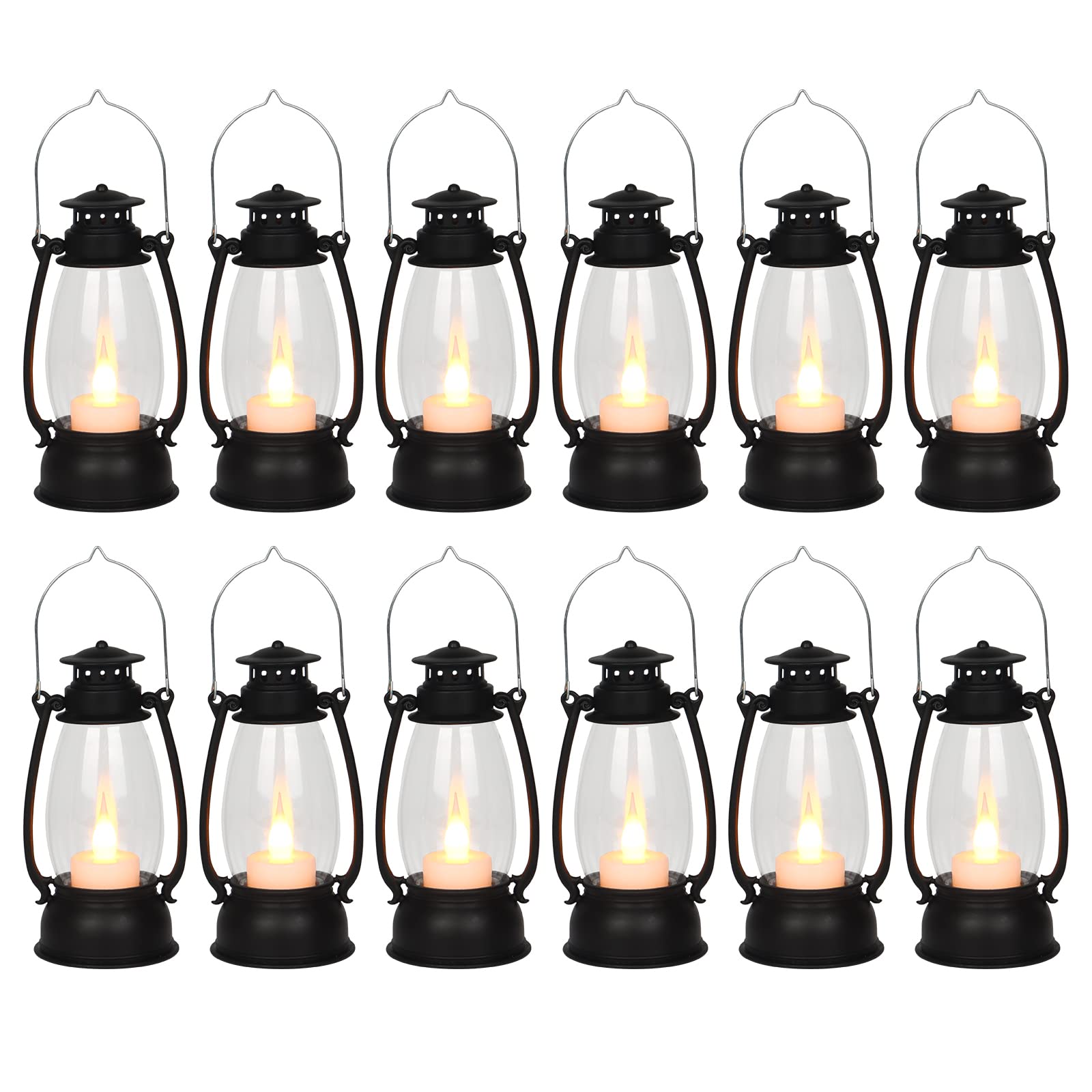 Reperla 12Pcs Mini Lantern with Flickering LED Candle, Black 6' Hanging Candle Lantern, Table Centerpiece, Vintage Lantern Deco
