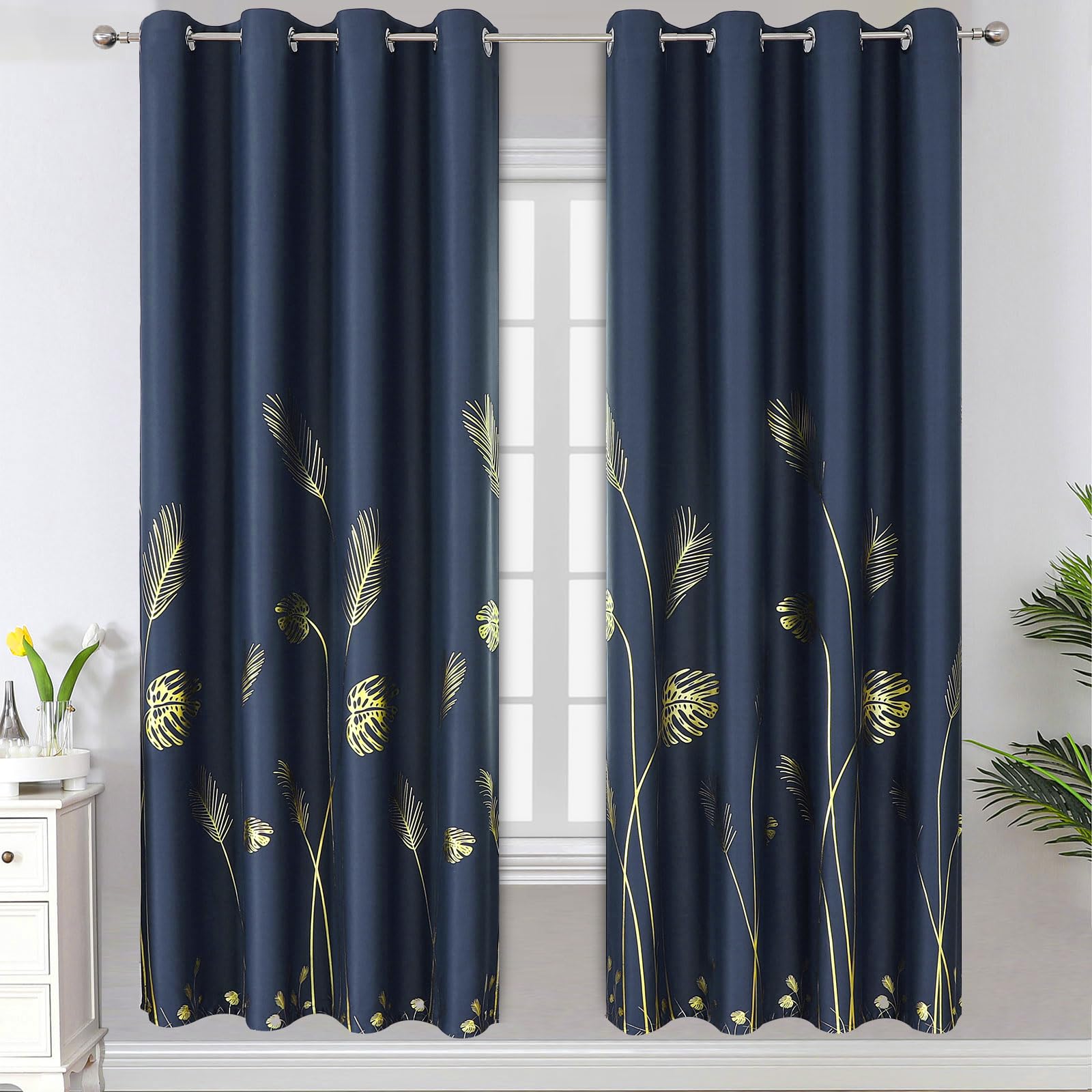 Estelar Textiler Navy Blue And Gold Blackout Curtains With Palm Tree Wheat Pattern Light Blocking Room Darkening Window Curtain