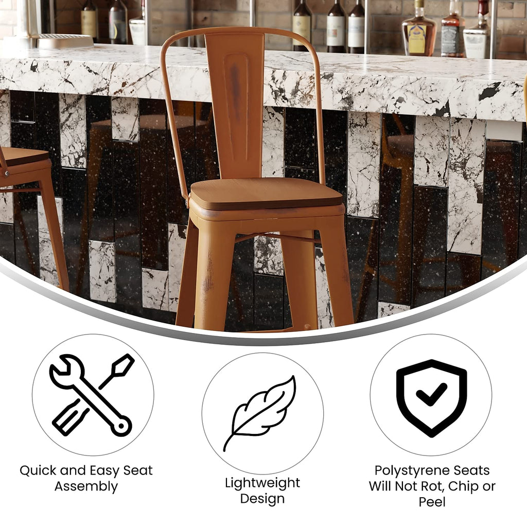 Flash Furniture Carly Commercial Grade 30" High Orange Metal Indoor-Outdoor Bar Height Stool with Back and Teak Polystyrene Seat