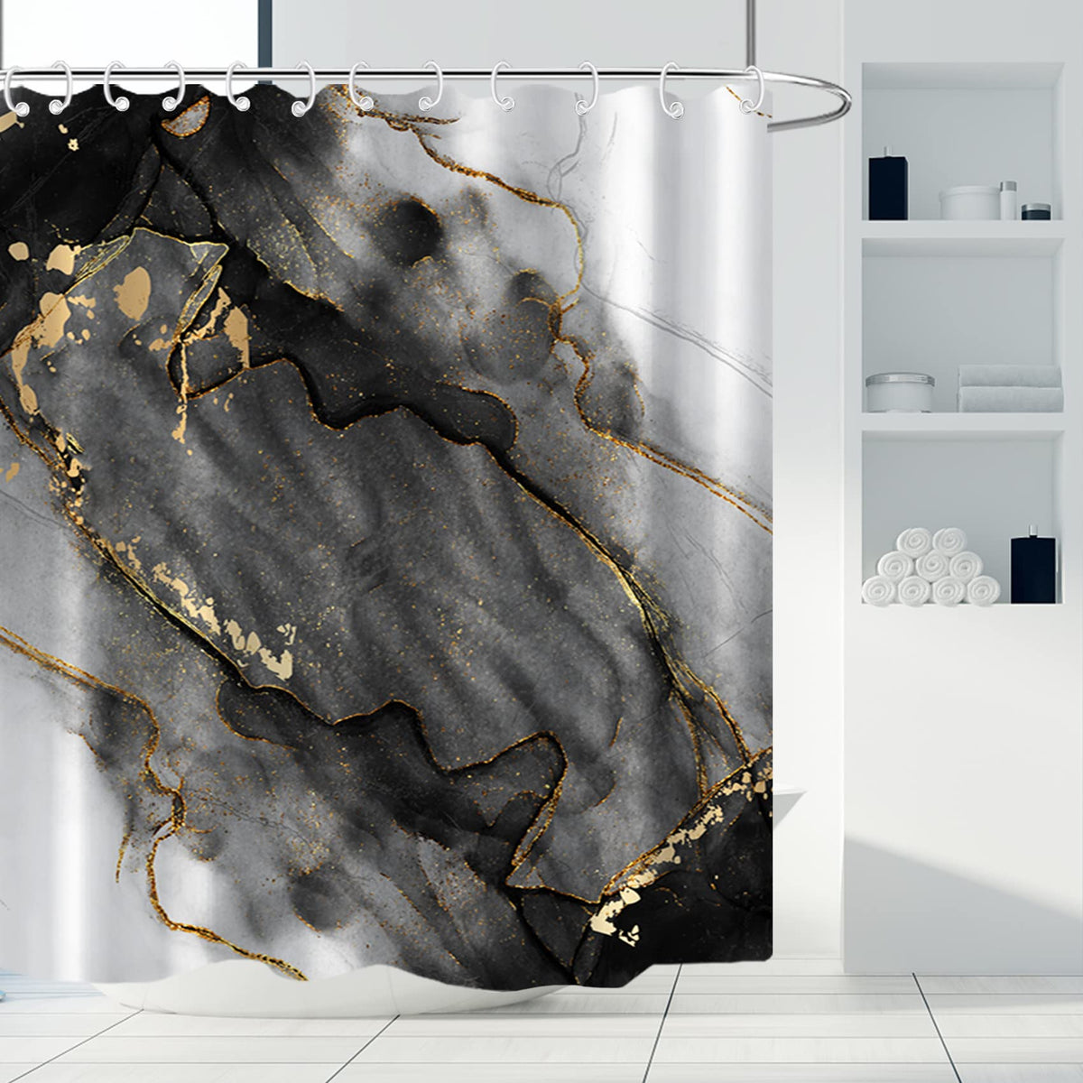AWERT Dreamy Ink Art Black Glod Marble Shower Curtain for Bathroom Modern High Definition Printing Waterproof Shower Curtain wit
