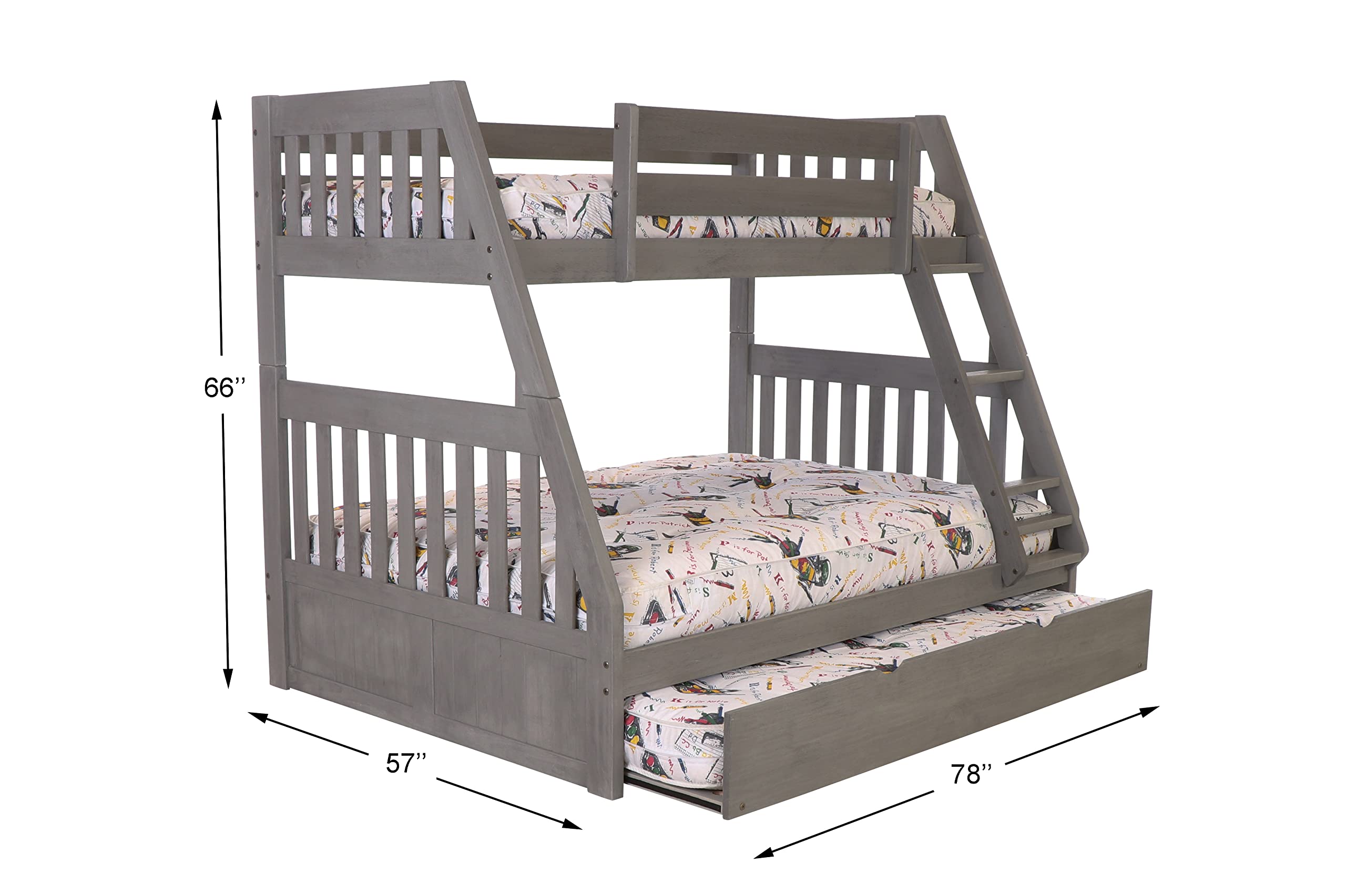 OS Home and Office Furniture Model 3219TRU-22 Solid Pine Twin/Full Bunk Bed with Twin Trundle in Charcoal Gray