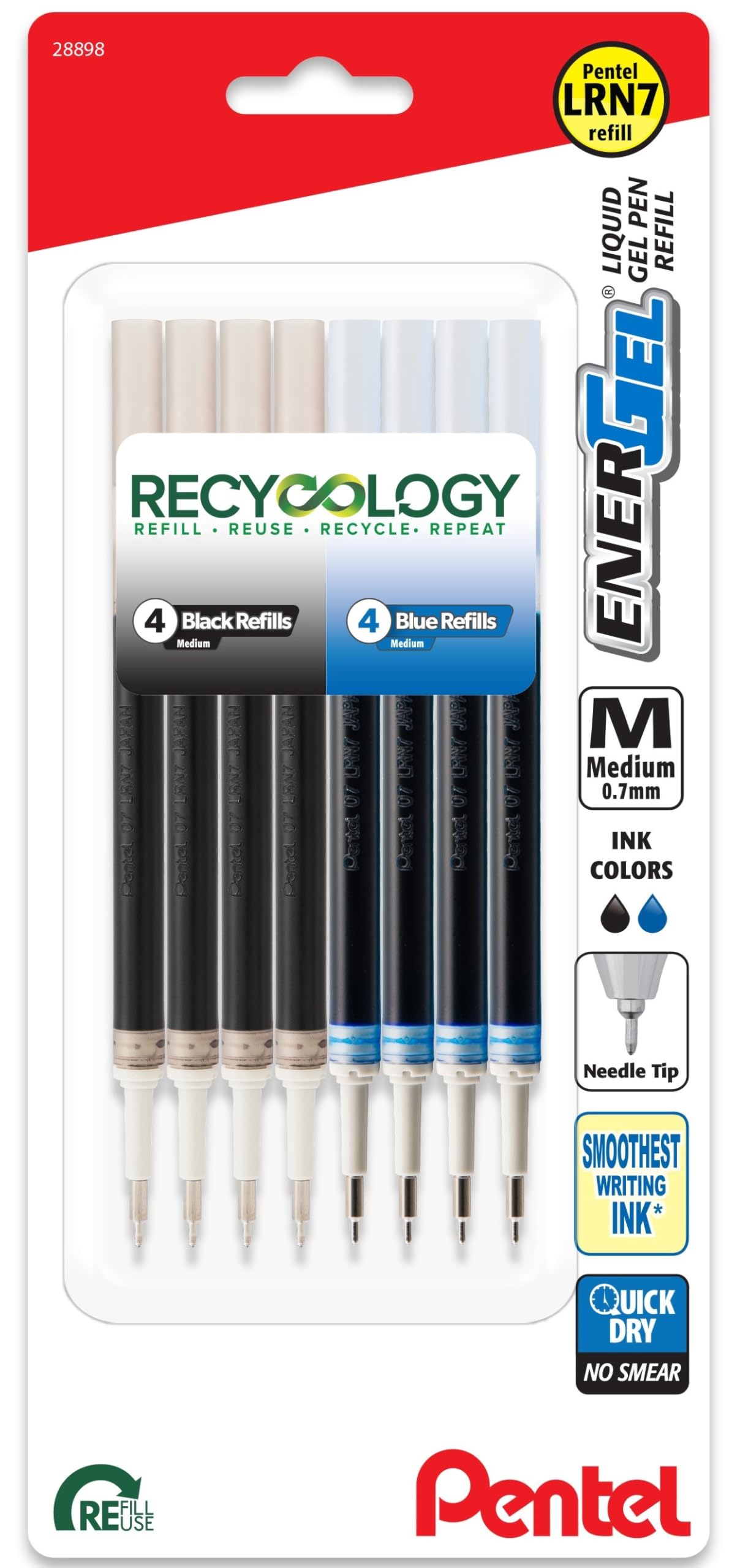 Pentel Energel 0.7 Refills - Needle Tip - Medium Point - Pack Of 4 Black And 4 Blue (8 Total) - Model: Lrn7