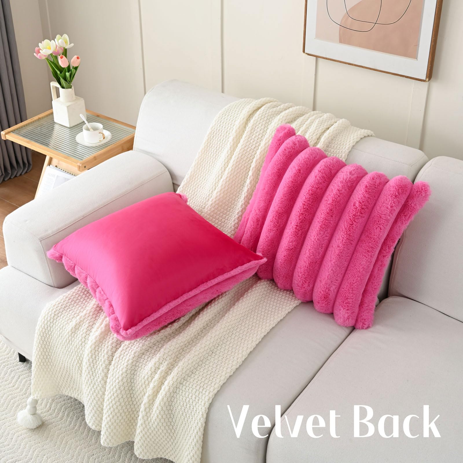 Futei Hot Pink Decorative Throw Pillow Covers 20X20 Inch Set Of 2, Square Soft Faux Rabbit Fur Big Striped Cushion Cover,Home De