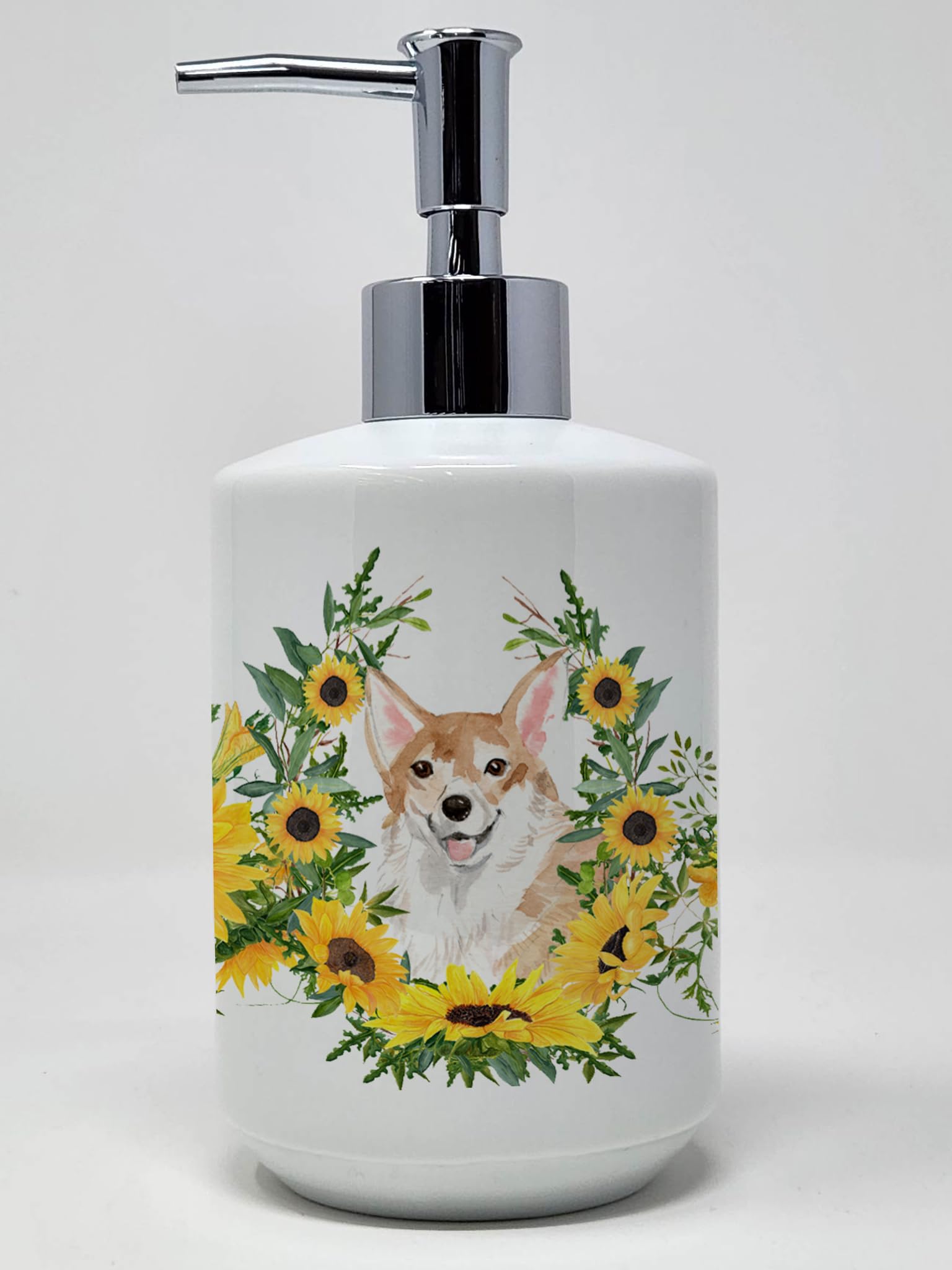 Caroline's Treasures CK2943SOAP Corgi in Sunflowers Ceramic Soap Dispenser Hand Soap Dispenser Pump Bottles for Bathroom Kitchen
