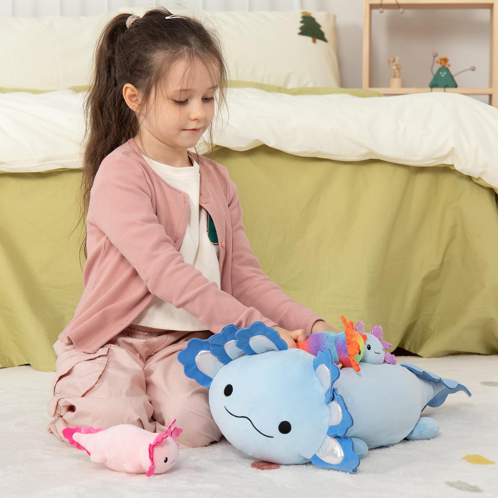 Maogolan Giant Axolotl Plush With 3 Baby Axolotl Inside - 23.5 ' Soft Stuffed Animal Throw Pillow - Blue