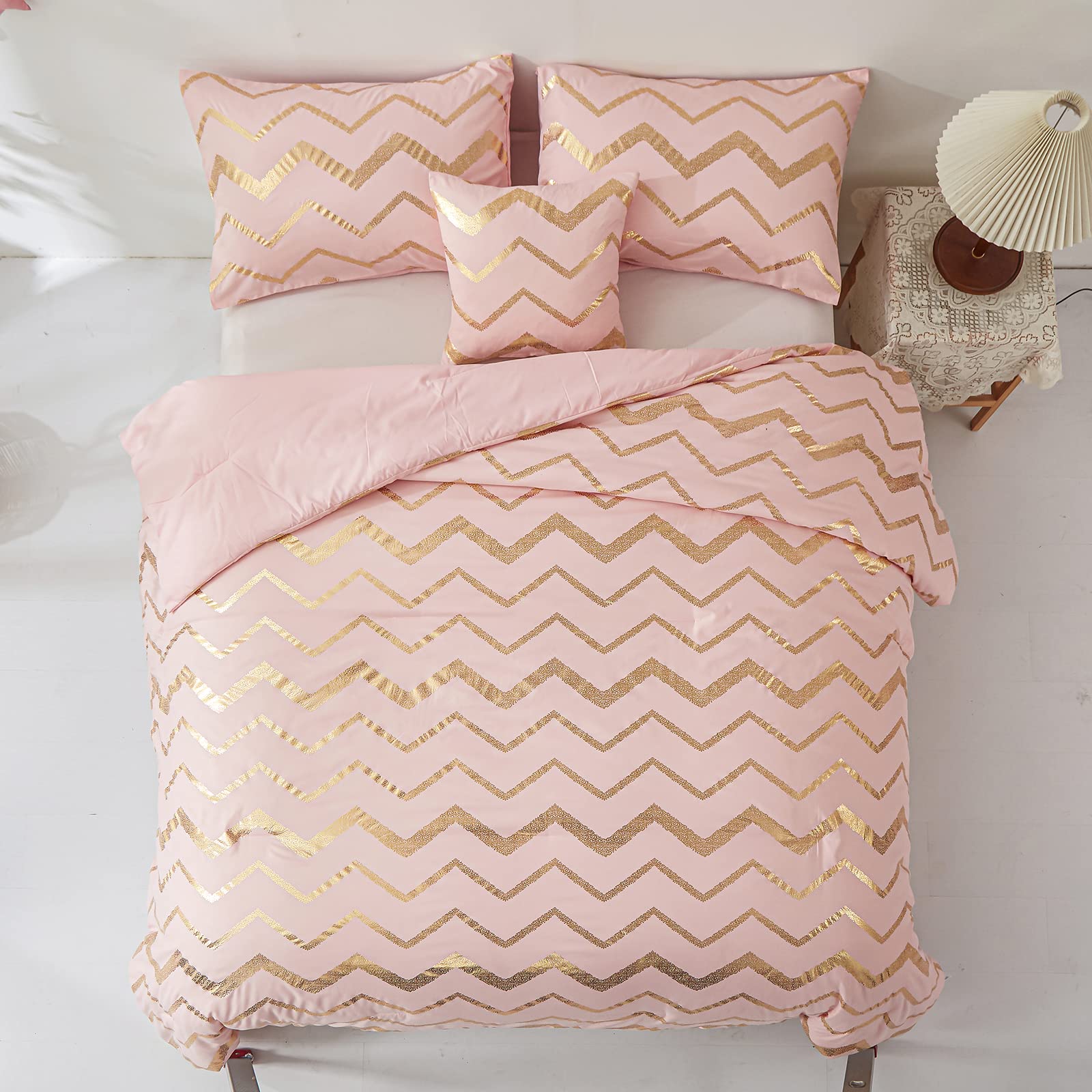 Menghomeus Pink Comforter Set Twin/Twin Xl Size Metallic Blush And Rose Gold Bedding Set, 3 Piece Lightweight Microfiber Comfort