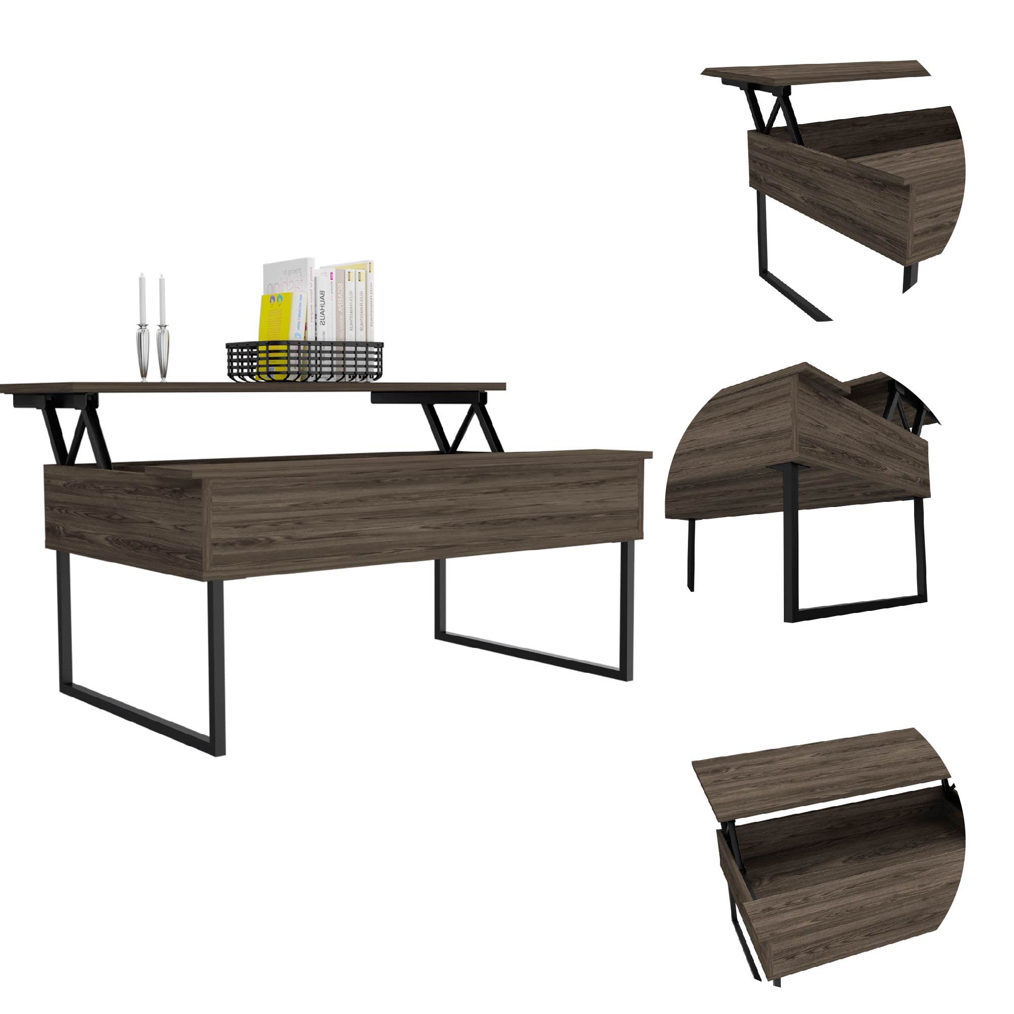 Viena Lift Top Coffee Table, Flexible Shelf, 2 Legs, Dark Walnut