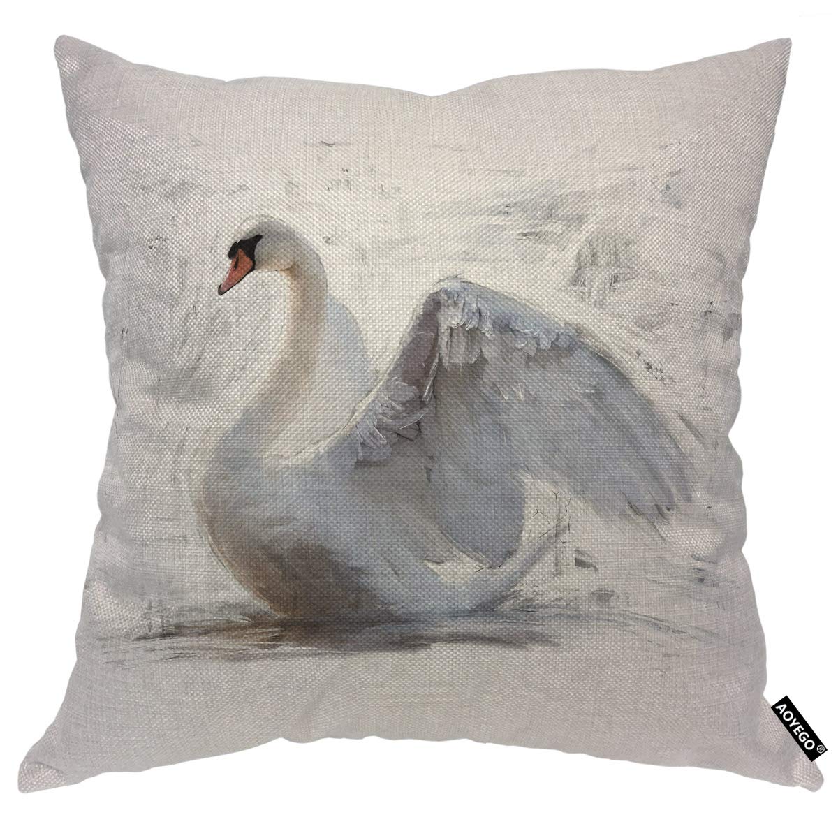 Aoyego White Swan Sketch Throw Pillow Cover Beauty Bird Portrait Elegant Animal Wings Lake Nature Pillow Case 18X18 Inch Decorat