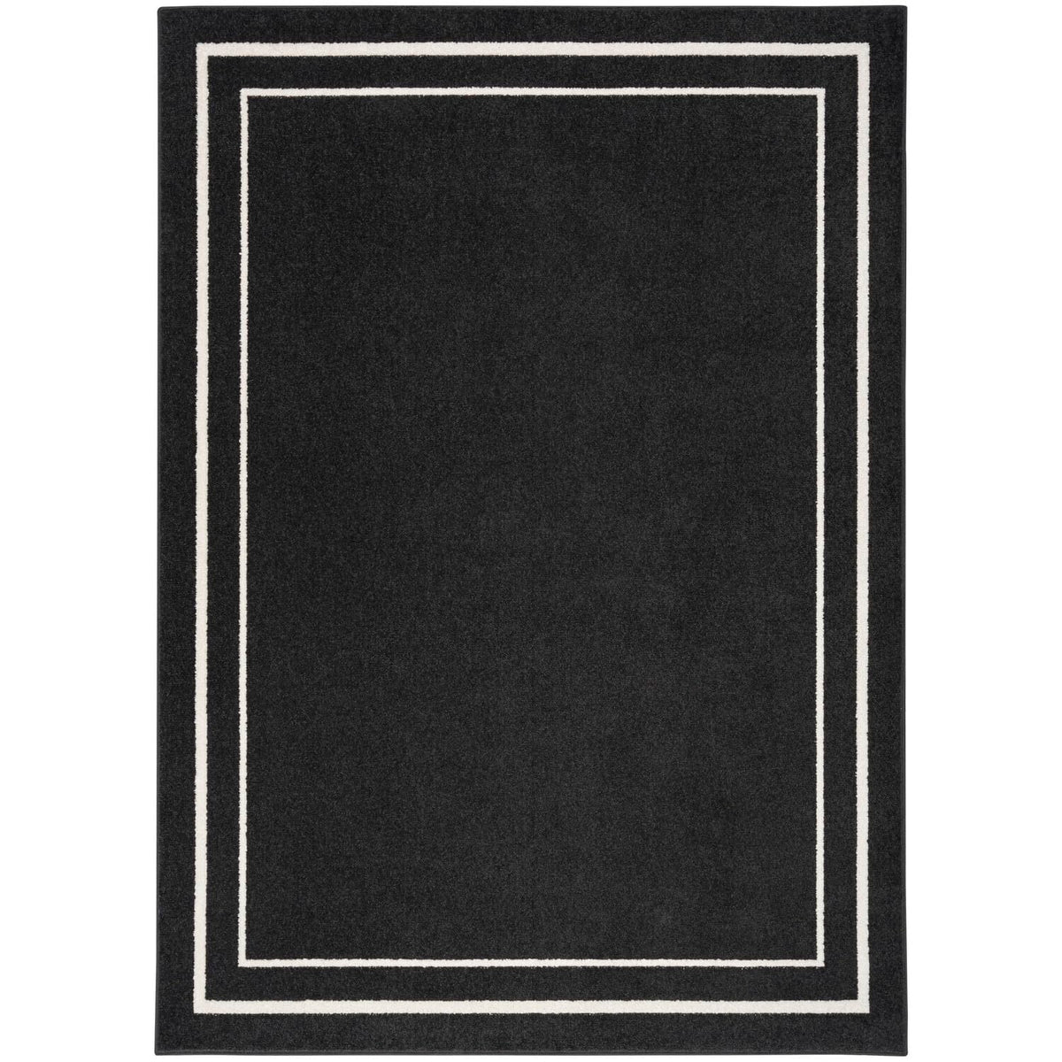Nourison Essentials Indoor/Outdoor Solid Bordered Black Ivory 5' X 7' Area Rug, Easy Cleaning, Non Shedding, Bed Room, Living Ro