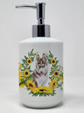 Caroline's Treasures CK2888SOAP Siberian Husky Grey in Sunflowers Ceramic Soap Dispenser Hand Soap Dispenser Pump Bottles for Ba