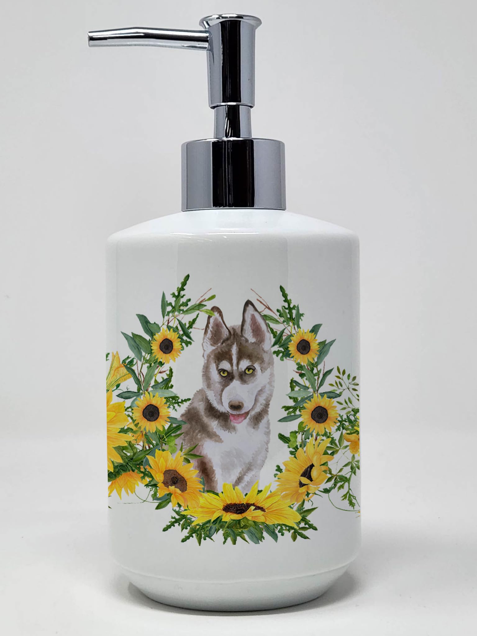 Caroline's Treasures CK2888SOAP Siberian Husky Grey in Sunflowers Ceramic Soap Dispenser Hand Soap Dispenser Pump Bottles for Ba