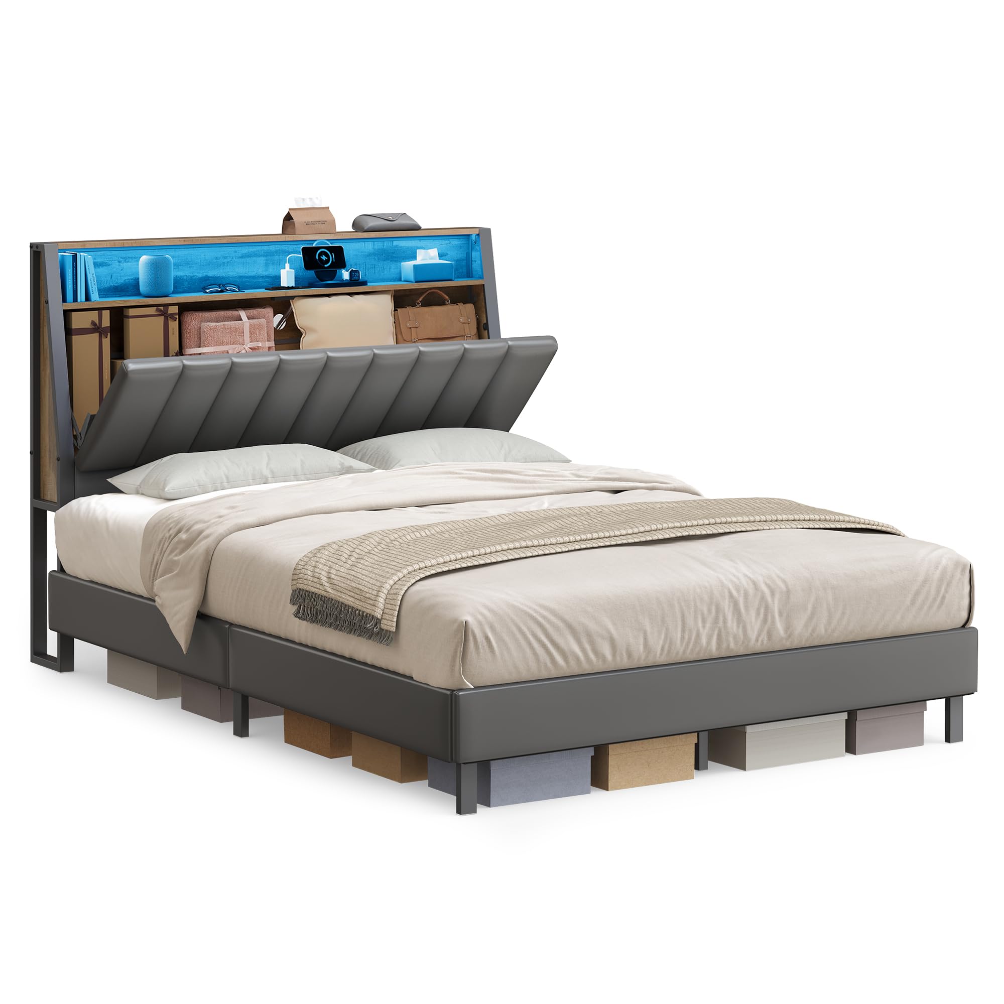 VASAGLE LED Bed Frame Full Size, Storage Headboard and Charging Station, Full Bed Frame with 2 AC Outlets, 1 USB Port, 1 Type-C 