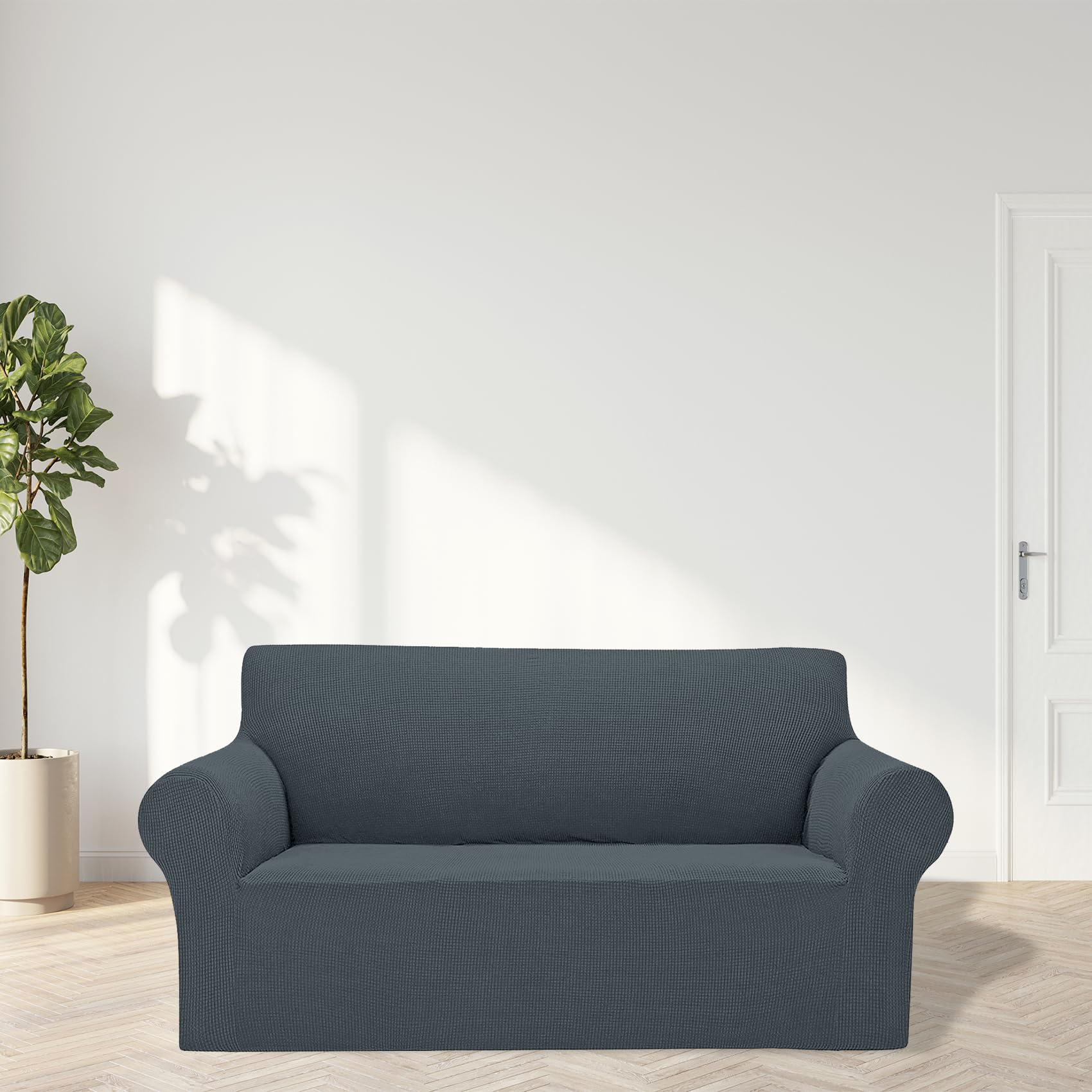 2025 New Stretch Loveseat Sofa Slipcovers Couch Cover For 2 Cushion Furniture Protector Sofa Covers With Elastic Bottom Jacquard Fabric Small Checks For Pets, Kids - Grey