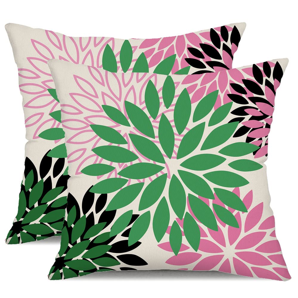 Dfxsz Green Pink Black Flower Pillow Covers 18X18 Inch Set Of 2 Outdoor Throw Pillows Outdoor Waterproof Decor For Living Room S