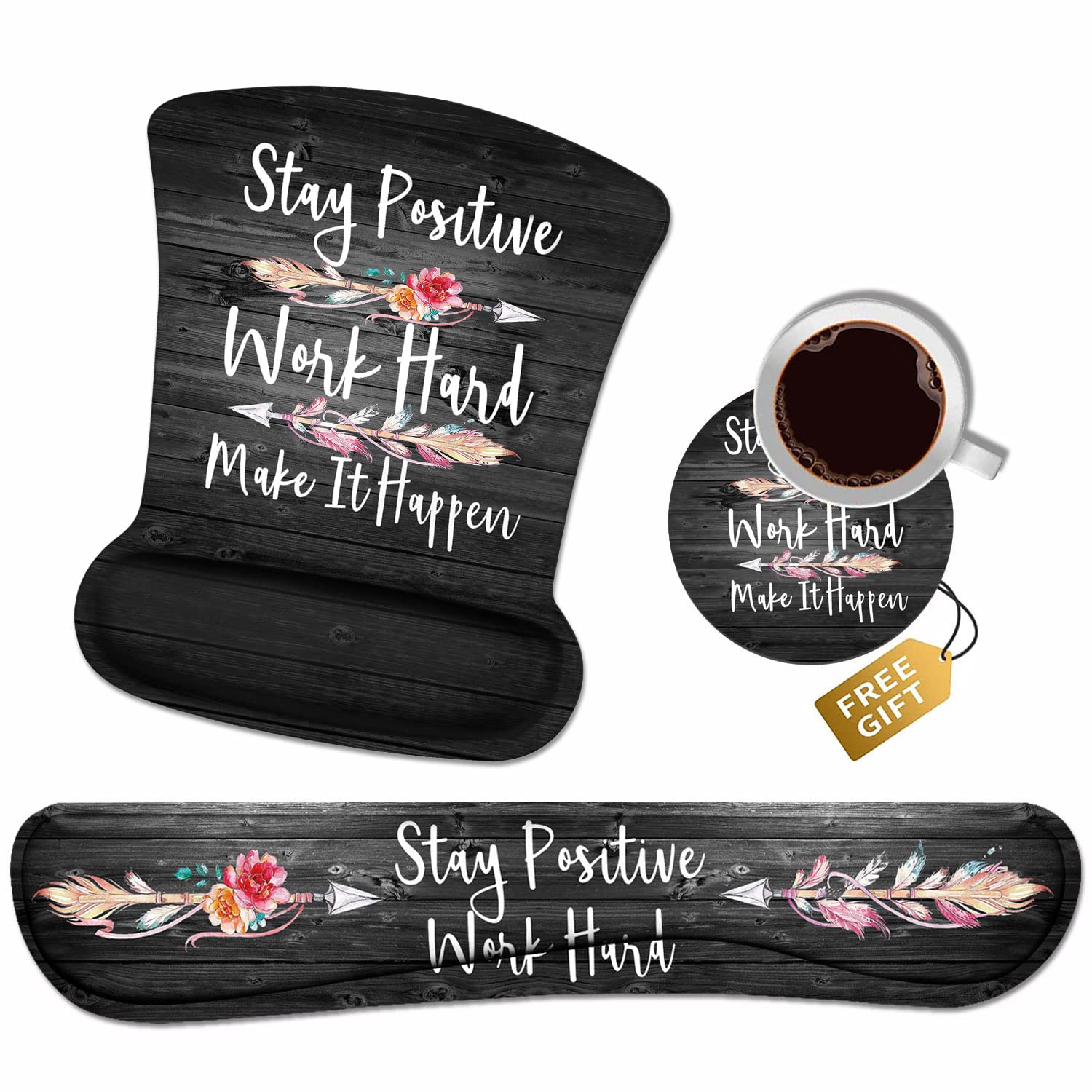 Mouse Pad Wrist Support And Keyboard Wrist Rest Set With Coasters, Stay Positive Work Hard And Make It Happen Inspirational Quot