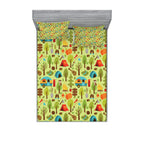 Ambesonne Happy Camp Fitted Sheet & Pillow Sham Set, Nature Theme Elements for Camping Bonfire Outdoor Activities, Decorative Pr
