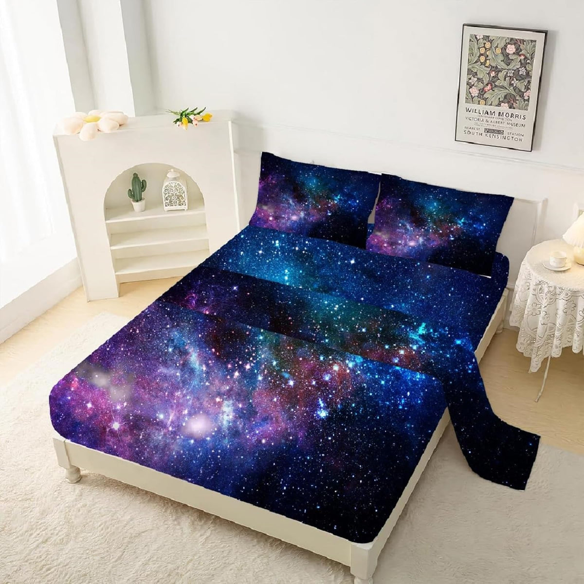 Kxry Blue Purple Galaxy Fitted Sheet Sets Queen Size For Boys Kids Teens Outer Space Starry Sky Universe Bedding Set 1 Fitted Sh
