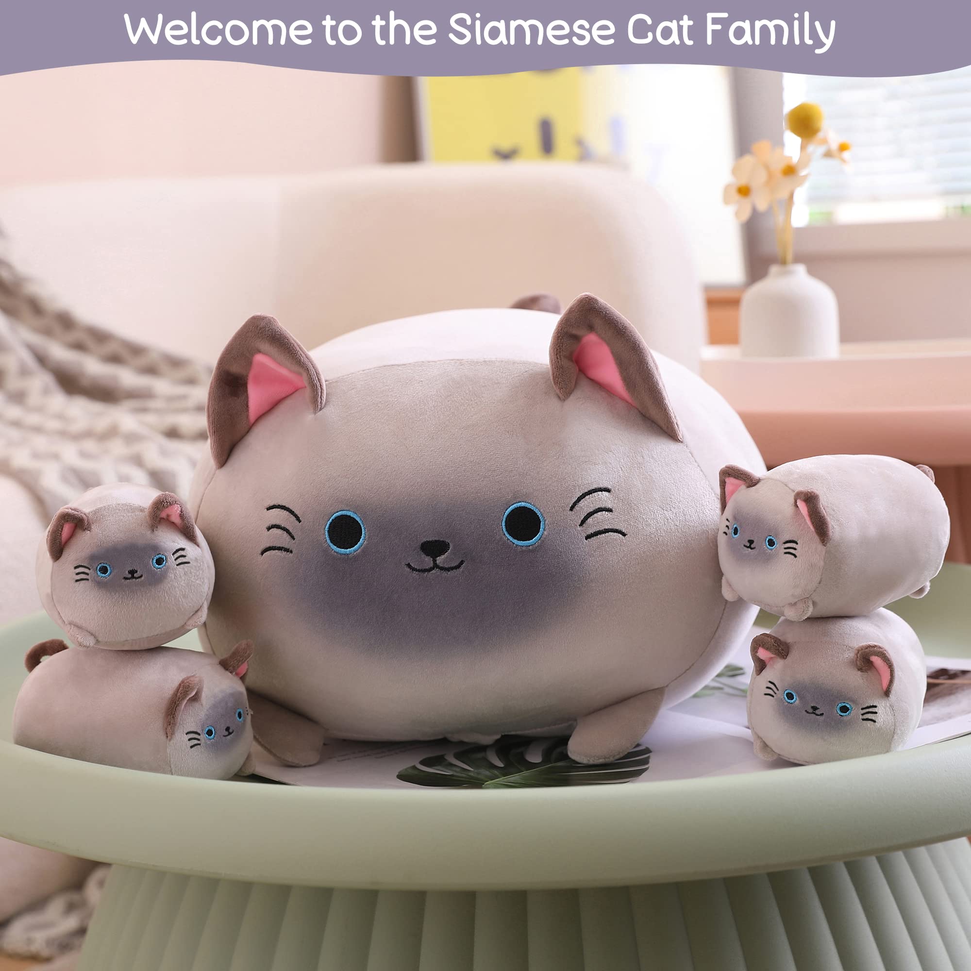 Sqeqe Siamese Cat Plush, Cute Siamese Cat Stuffed Animals Mommy With 4 Squishy Kitties In Her Tummy, Soft Siamese Cat Plushies P