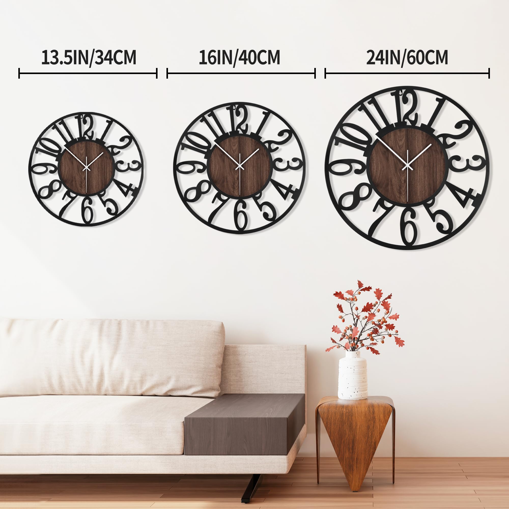1St Owned Large Wall Clock For Living Room Decor- Decorative Antique 24 Inch Silent Non Ticking,Battery Operated,Black Metal,Woo