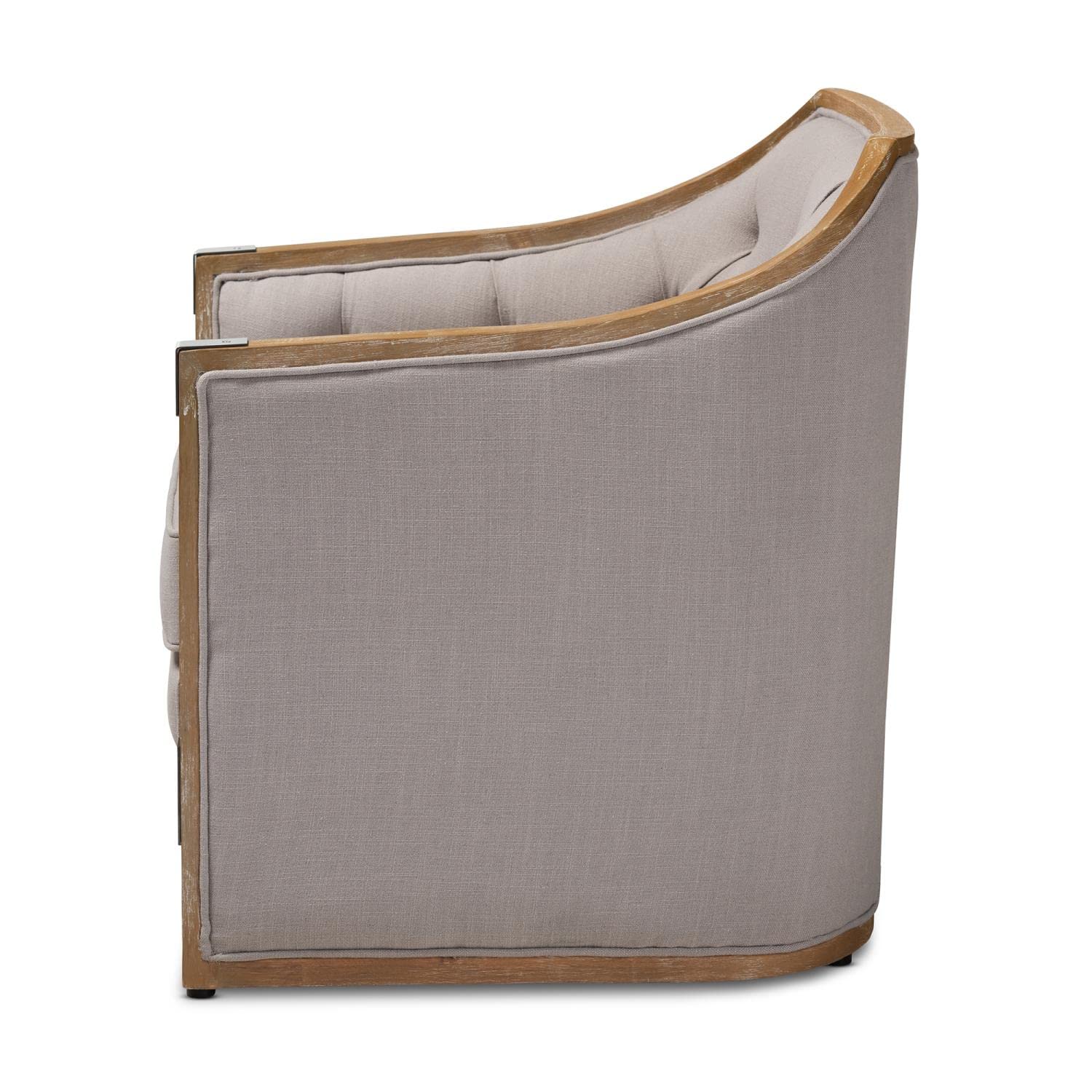 Baxton Studio Terina French Country Industrial Grey-Beige Fabric Upholstered Whitewashed Oak Wood Armchair with Metal Accents