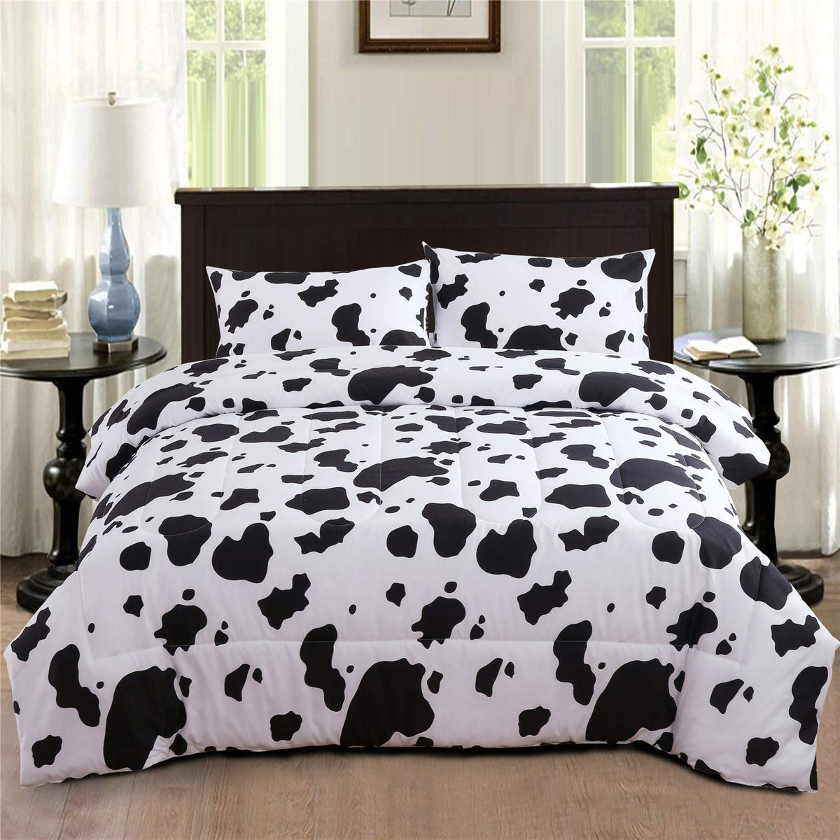 Perfemet Cow Print Bedding Comforter Set Cartoon Milk Cow Print Bedding Set Reversible Plaid Grid Bed Sets For Kids Teens Boys G
