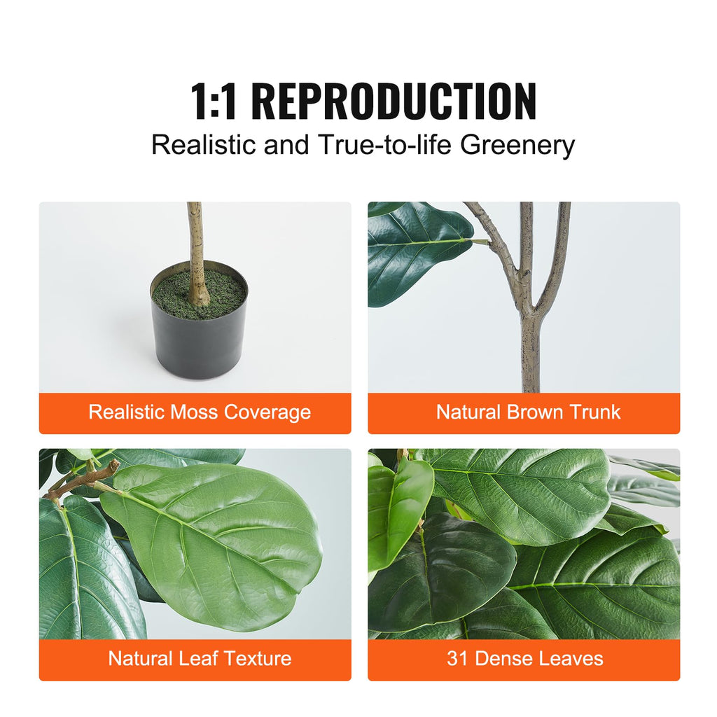 Vevor Artificial Fiddle Leaf Fig Tree, 5 Ft, Secure Pe Material & Anti-Tip Tilt Protection Low-Maintenance Faux Plant, Lifelike