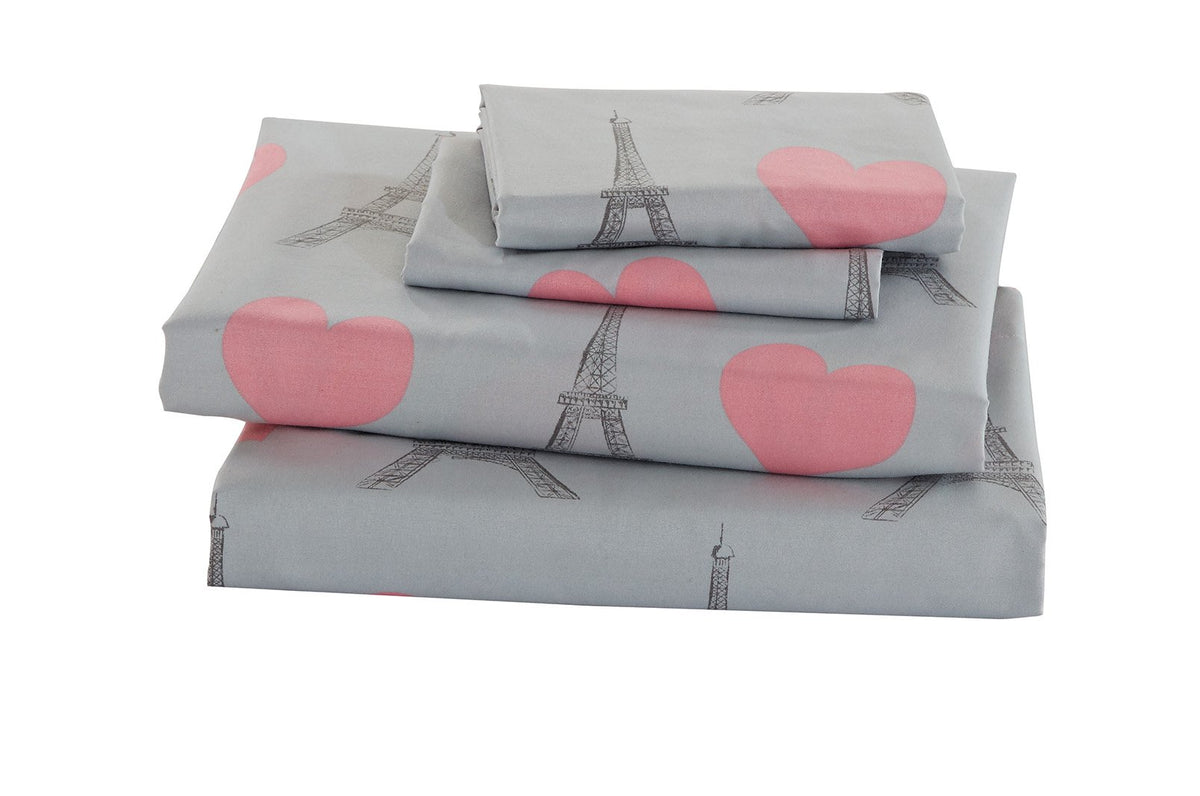 Linen Plus Sheet Set For Girls Teens Paris Eiffel Tower Hearts Grey Pink Flat Sheet Fitted Sheet And Pillow Case Twin Size New