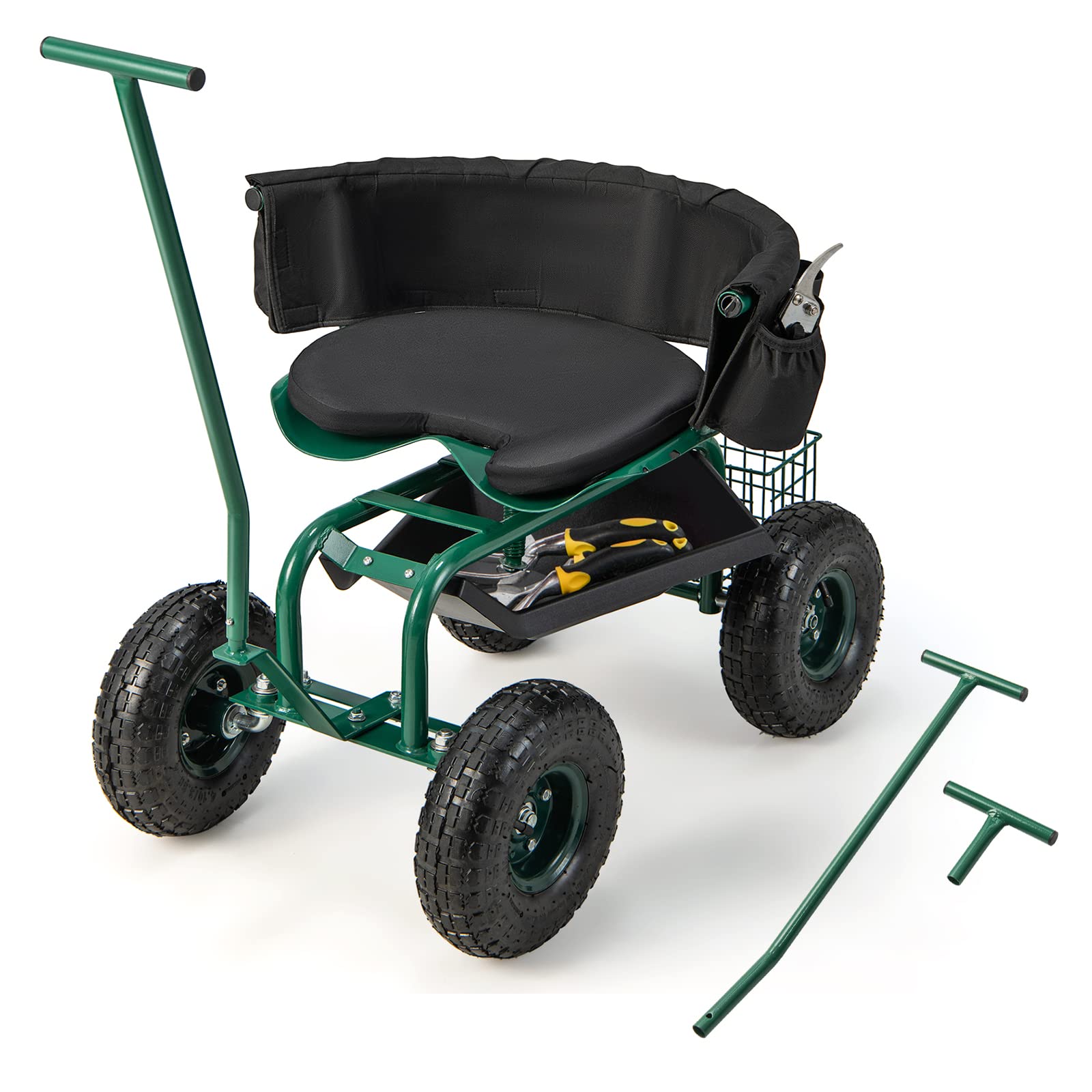 Giantex Garden Cart, Rolling Workseat With 4 Wheels, Tool Tray, Removable Cushion, Storage Basket, 2 Handles, Adjustable Height