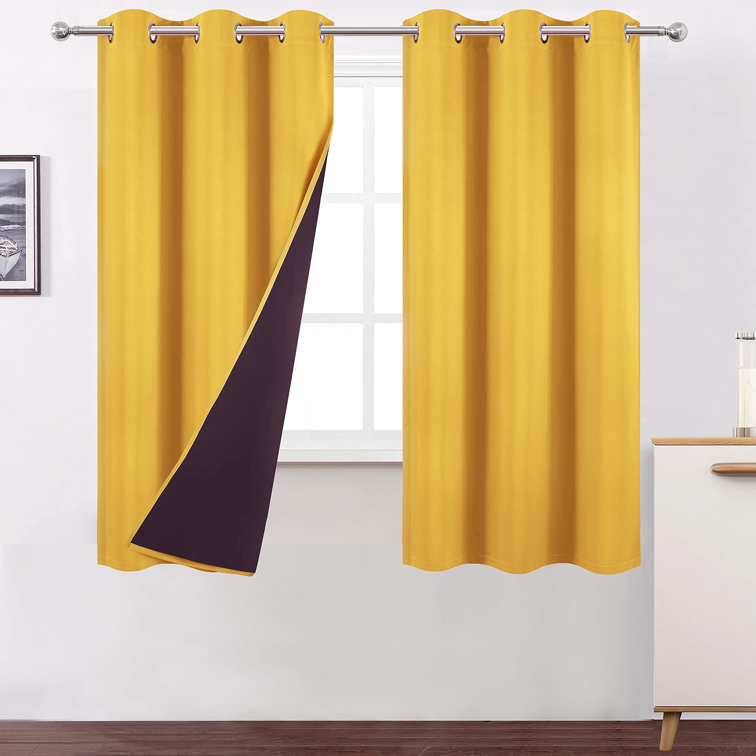 Lemomo 100% Blackout Curtains 40 X 63 Inch/Yellow Curtains 2 Panels With Black Liner/Double Layer Full Room Darkening Curtains F