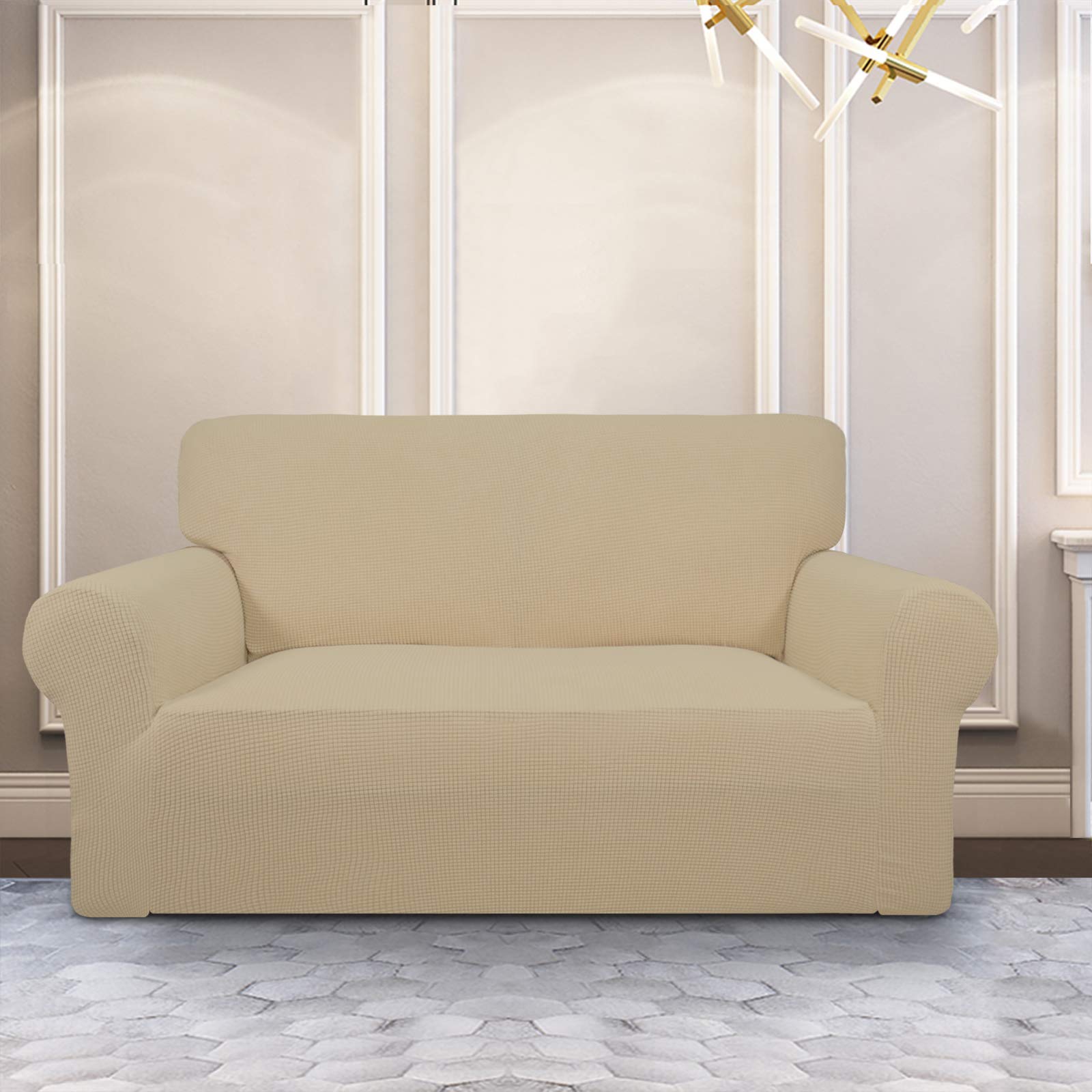 Purefit Stretch Loveseat Sofa Slipcover – Spandex Jacquard Non Slip Soft Couch Sofa Cover, Washable Furniture Protector With Non Skid Foam And Elastic Bottom For Kids (Loveseat, Sand)
