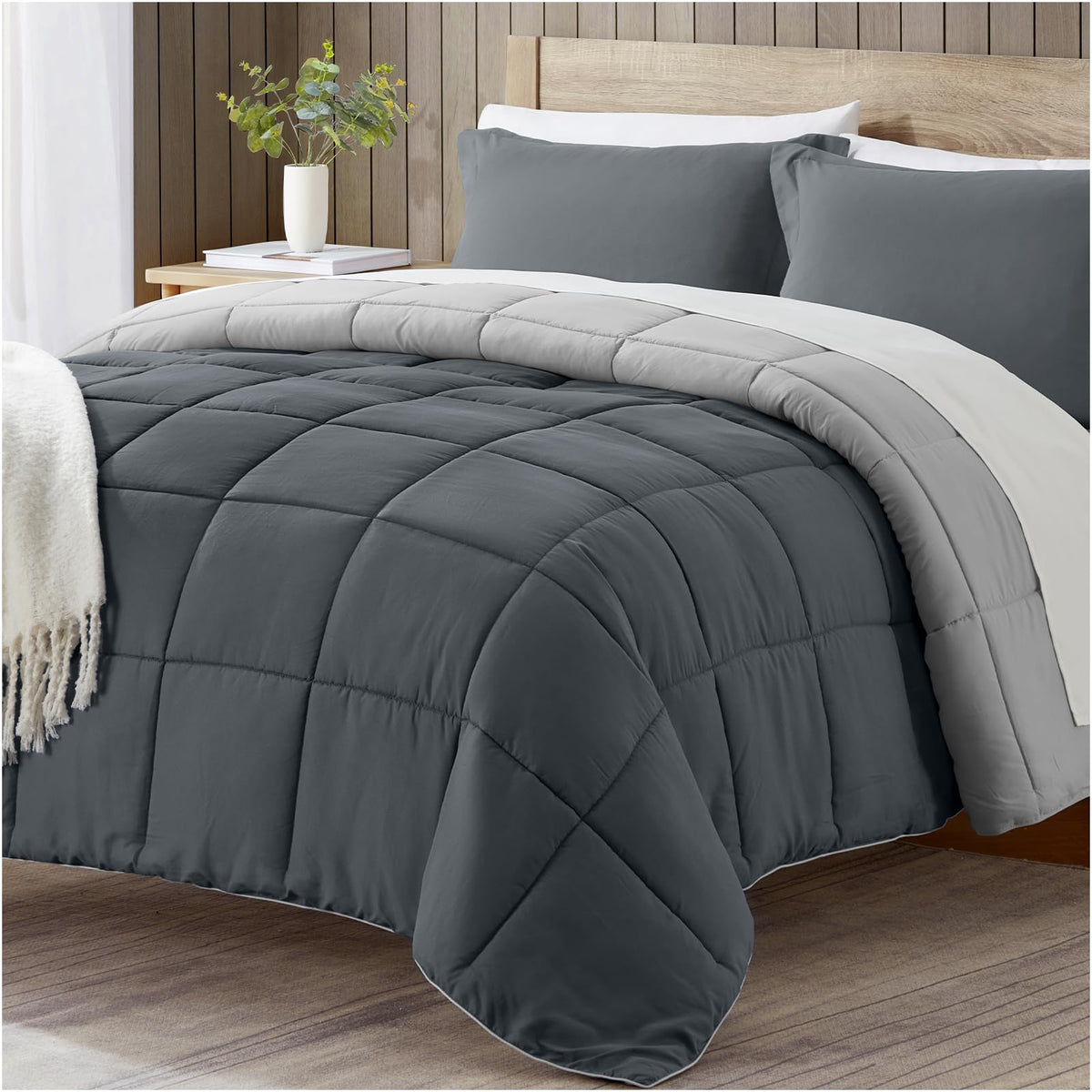 Satisomnia California King Comforter Set, Grey Bedding Comforters Cal King Size, 3 Pieces Down Alternative Bed Comforter Lightwe