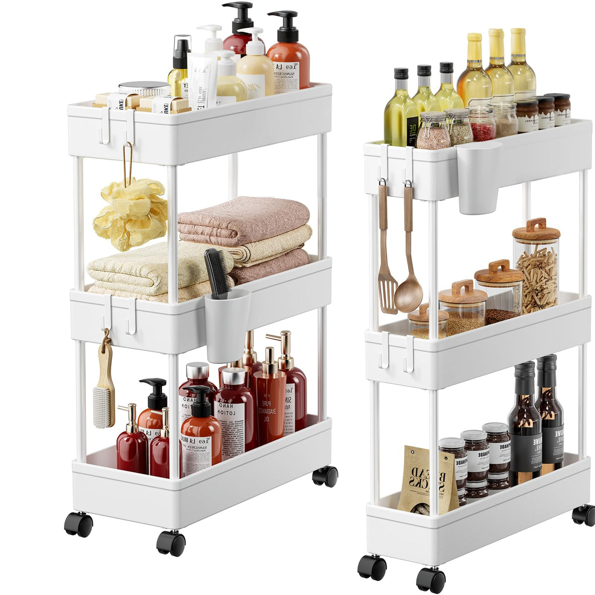 Pipishell Bathroom Cart, 2 Pack Slim Storage Cart Organizer with Hanging Cups & Hooks, Rolling for Bathroom, Laundry Room, Kitch