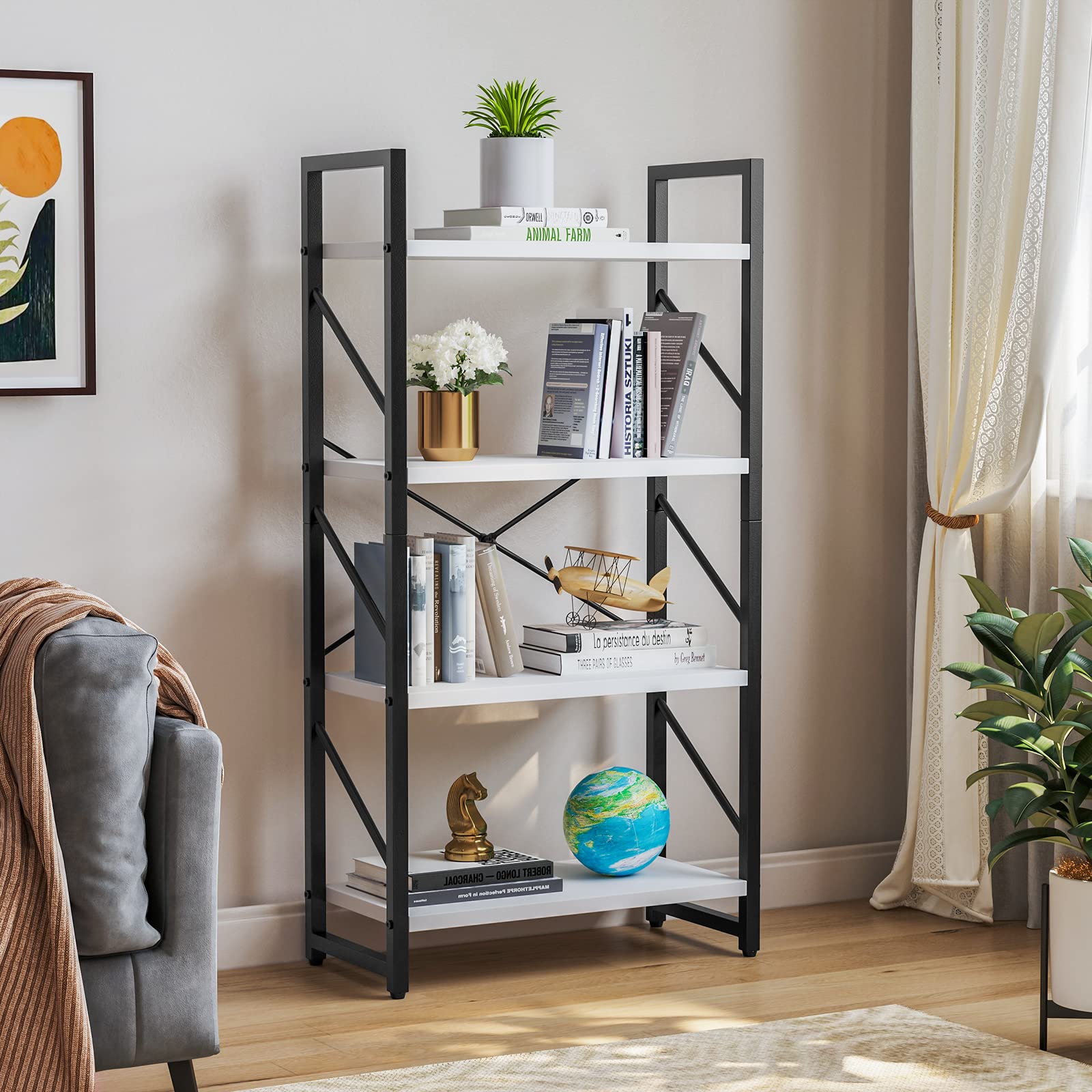Yitahome 4-Tier Bookshelf, Modern Free Standing 4 Shelf Bookcases And Bookshelves, Open Display Storage Book Shelves Book Rack Organizer Standing Shelving For Living Room Home Office, White