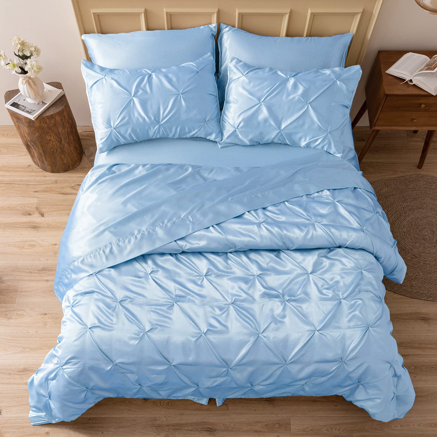 Mr&Hm Satin Comforter California King 7 Pieces Light Blue - Luxurious Pinch Pleat Bedding Set With Comforter, Flat Sheet, Fitted