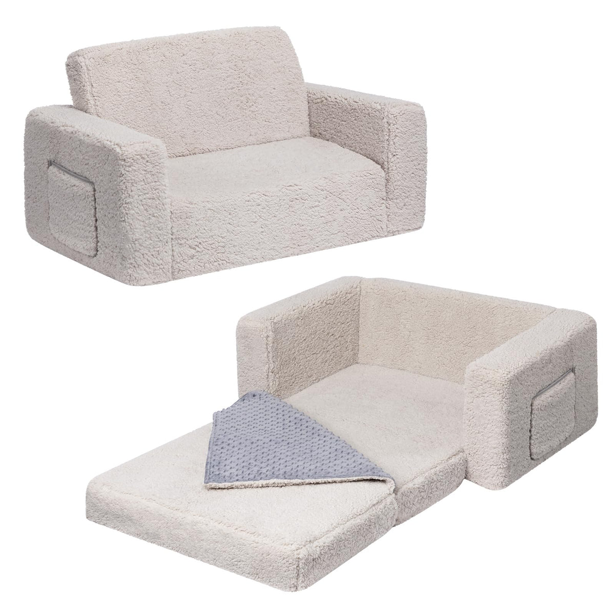 Alimorden Fold Out Toddler Couch, Extra Wide Comfy 2-In-1 Cuddly Sherpa Sofa For Kids, With Removable Baby Friendly Blanket, Con