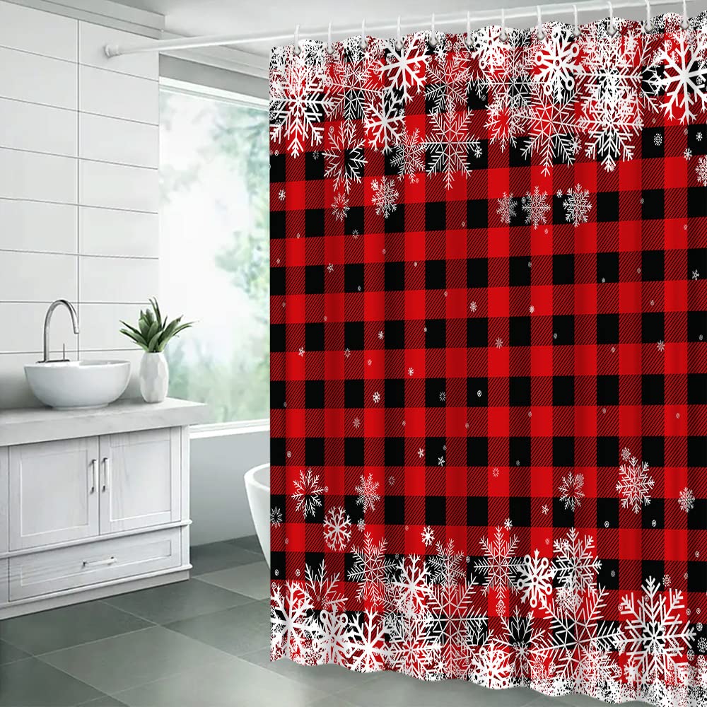 JIRGIXA Rustic Christmas Shower Curtain Red Black Buffalo Check Plaid White Snowflake Vintage Farmhouse Winter Holiday Merry Chr