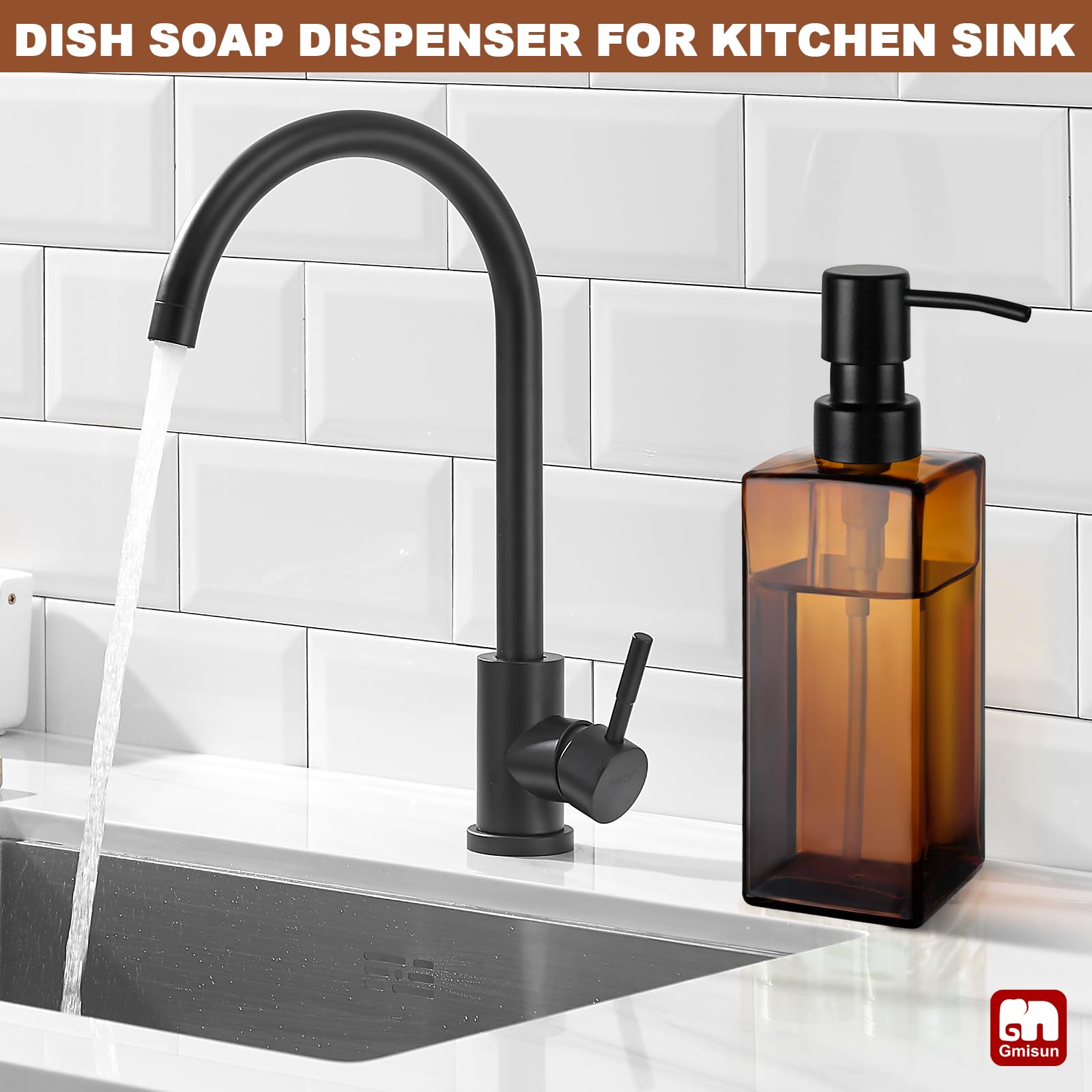 Gmisun Amber Glass Soap Dispenser With Stainless Steel Pump, Hand Soap Dispenser For Bathroom, 12Oz Dish Soap Dispenser For Kitc