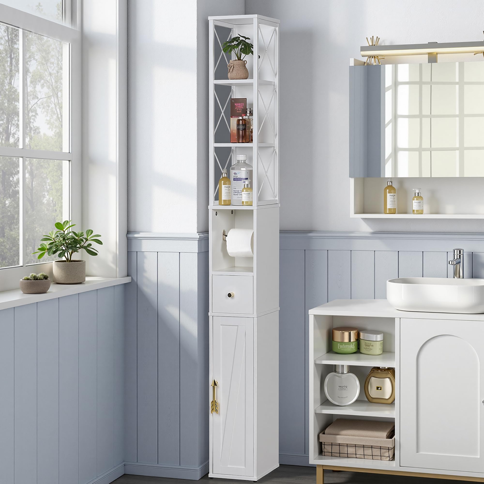 VECELO 67 Narrow Storage Cabinet, Tall Slim Corner Cabinet, Corner Storage with X-Shaped Metal Frame, Toilet Paper Holder, Magne