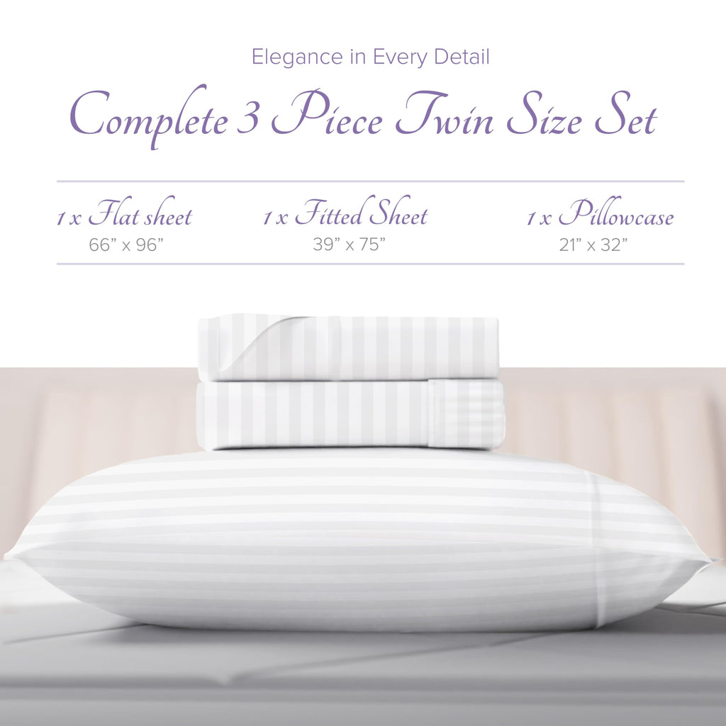 Carressa Linen Luxury Egyptian Cotton Twin Stripe Sheet Set - 600 Thread Count Extra Long Staple 3 Pc Set, Crisp White Twin Dama
