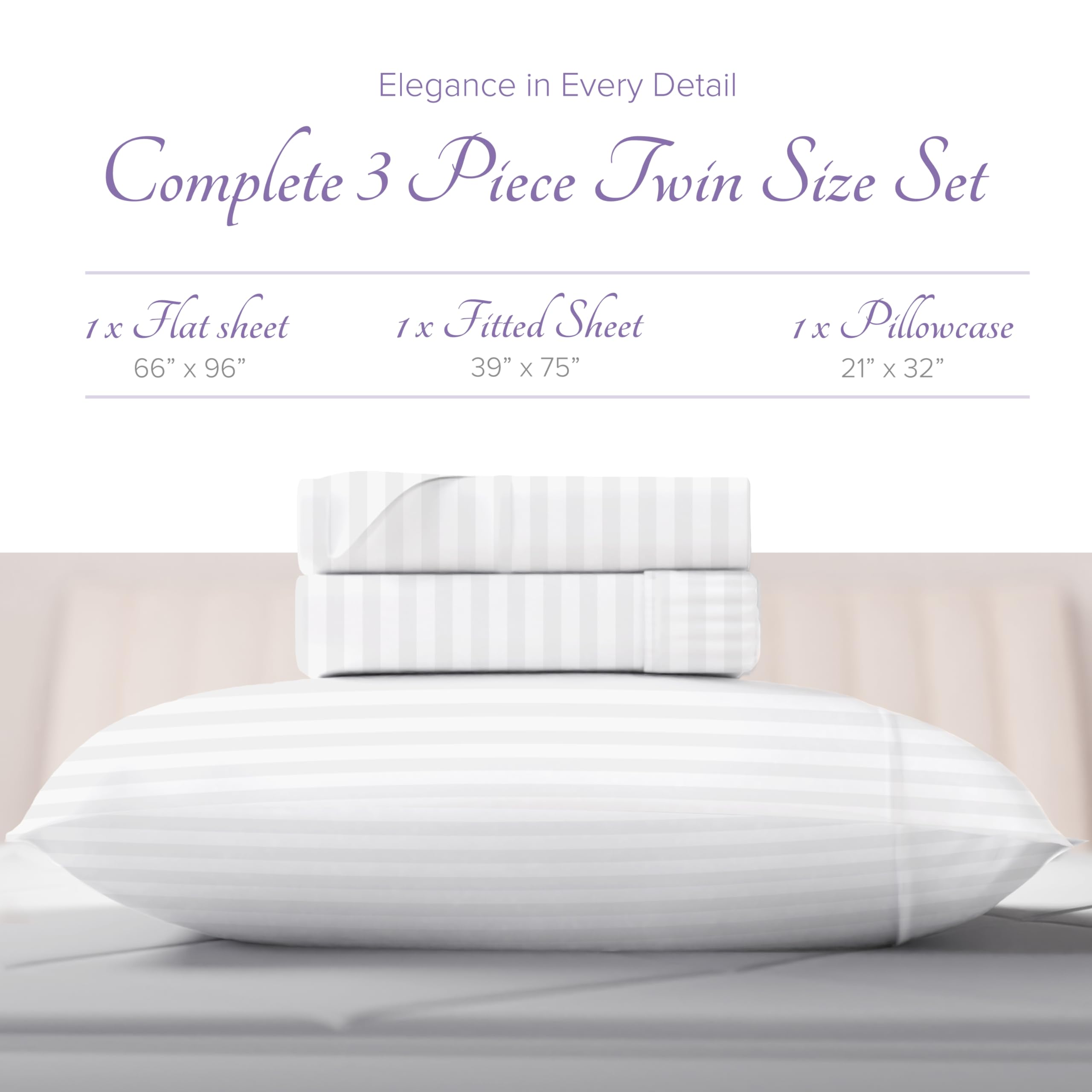 Carressa Linen Luxury Egyptian Cotton Twin Stripe Sheet Set - 600 Thread Count Extra Long Staple 3 Pc Set, Crisp White Twin Dama