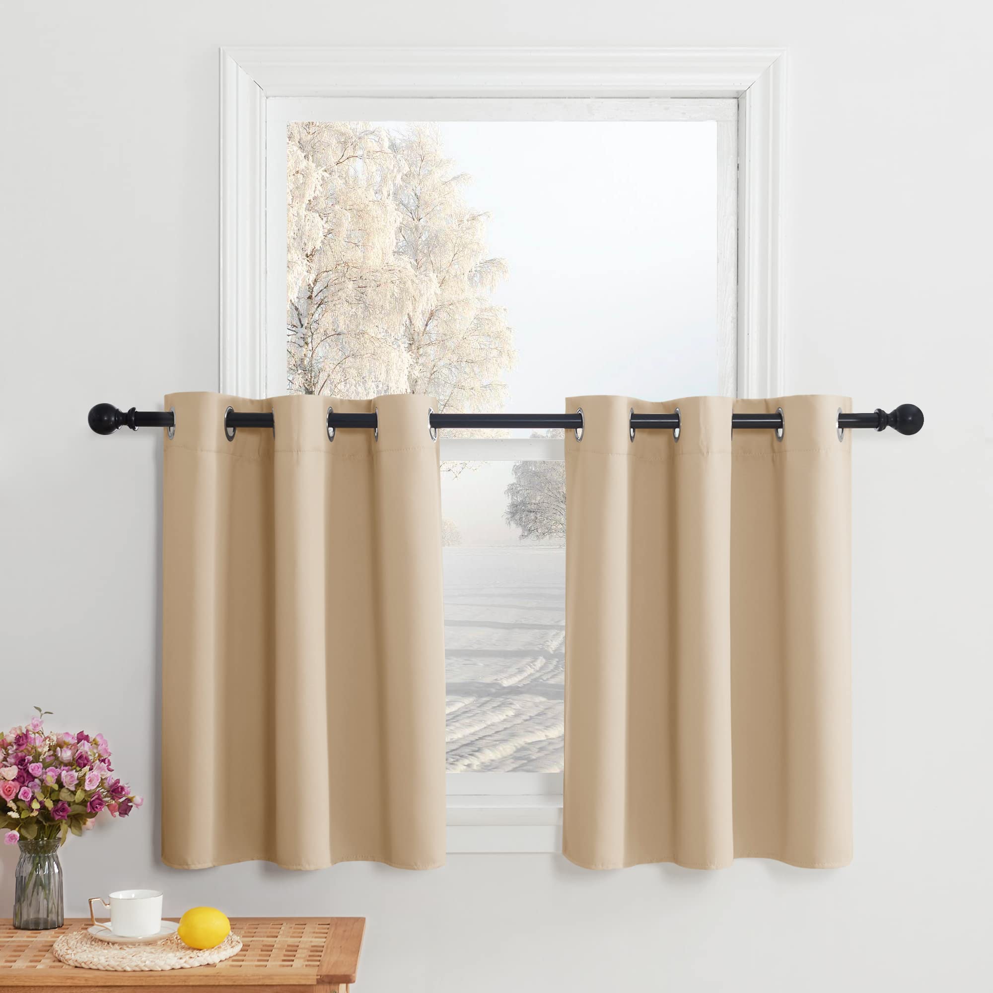 Nicetown Short Curtains For Bedroom, Light Blockout Window Tier Curtains Grommet Top Cafe Curtains Farmhouse Country Small Window Curtains For Kitchen/Rv, 2 Panels, Biscotti Beige