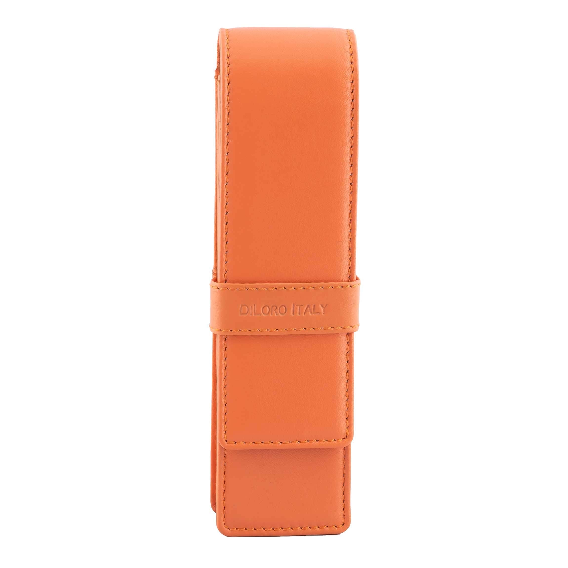 Diloro Leather Pen Case Pouch Holder For Two Fountain Ballpoint Rollerball Pens Or Pencils (Orange)